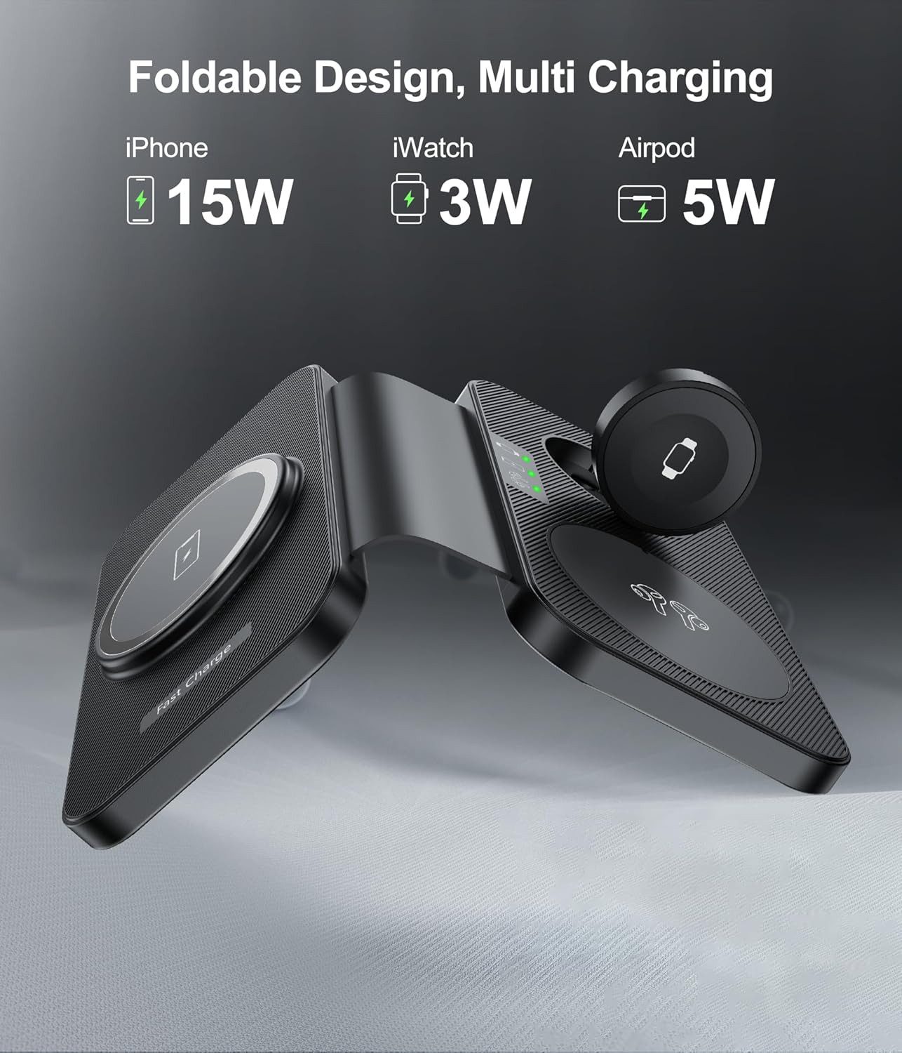 LA CUTE 3-in-1 MagSafe Faltbares Ladegerät mit 15W Schnellladung und USB-C Wireless Charger (Faltbares 3-in-1 MagSafe Wireless Ladegerät mit Netzteil und USB-C Kabel, 3-in-1 MagSafe Ladegerät 15W Schnellladung, faltbar, inkl. Netzteil, Faltbare Ladestation,18W Quick Charge Netzteil, USB-A auf USB-C Kabel)