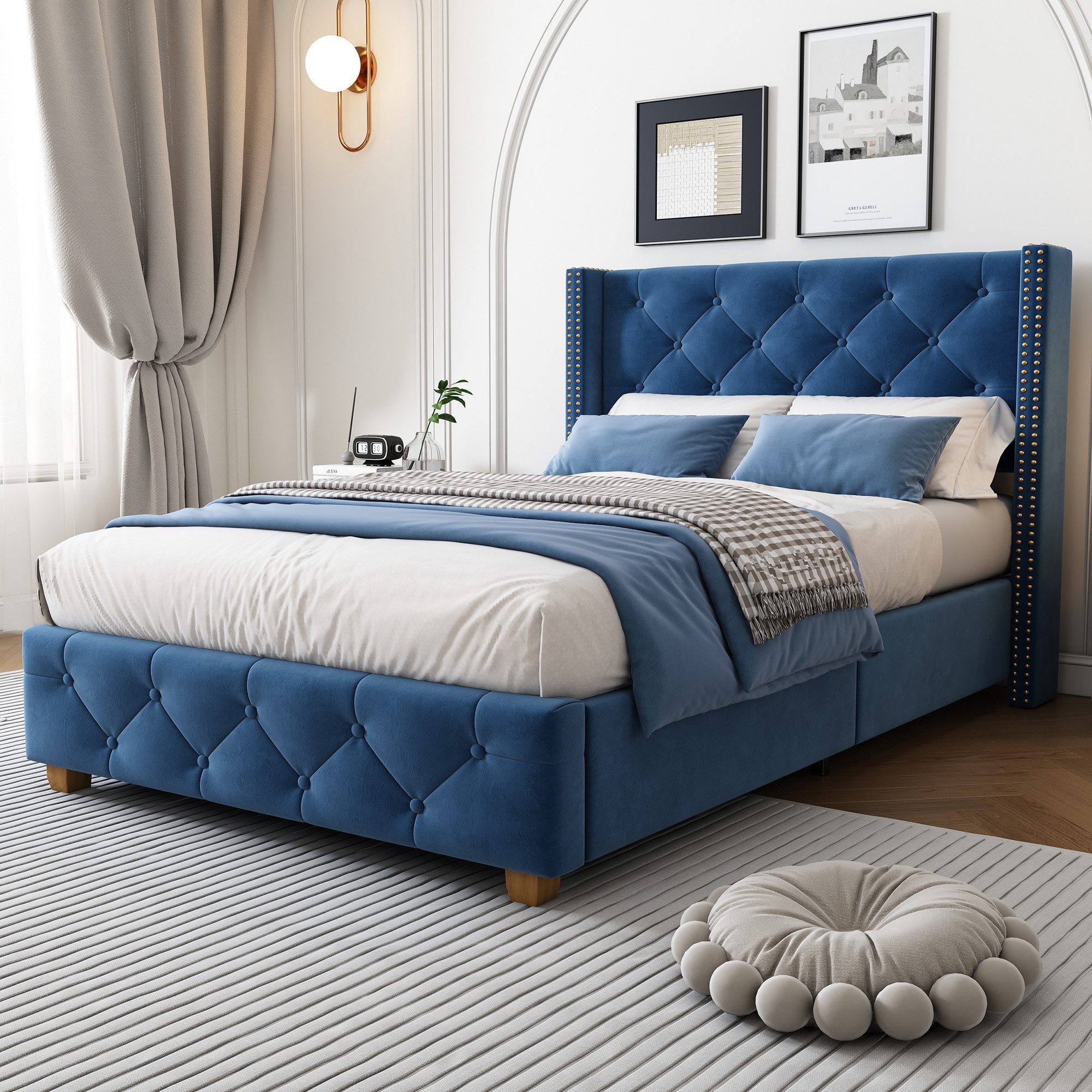 HAUSS SPOLE Polsterbett Jugendbett mit Lattenrost und Kopfteil,Knopfpolsterung,Einzelbett (90x200cm Bettgestell Kinderzimmerbett mit Knopf-Tufting-Details am Kopf- als auch am Fußende des Bettes, ohne Matratze), Kinderbett Polsterbett aus Samt für Kinder/Erwachsene