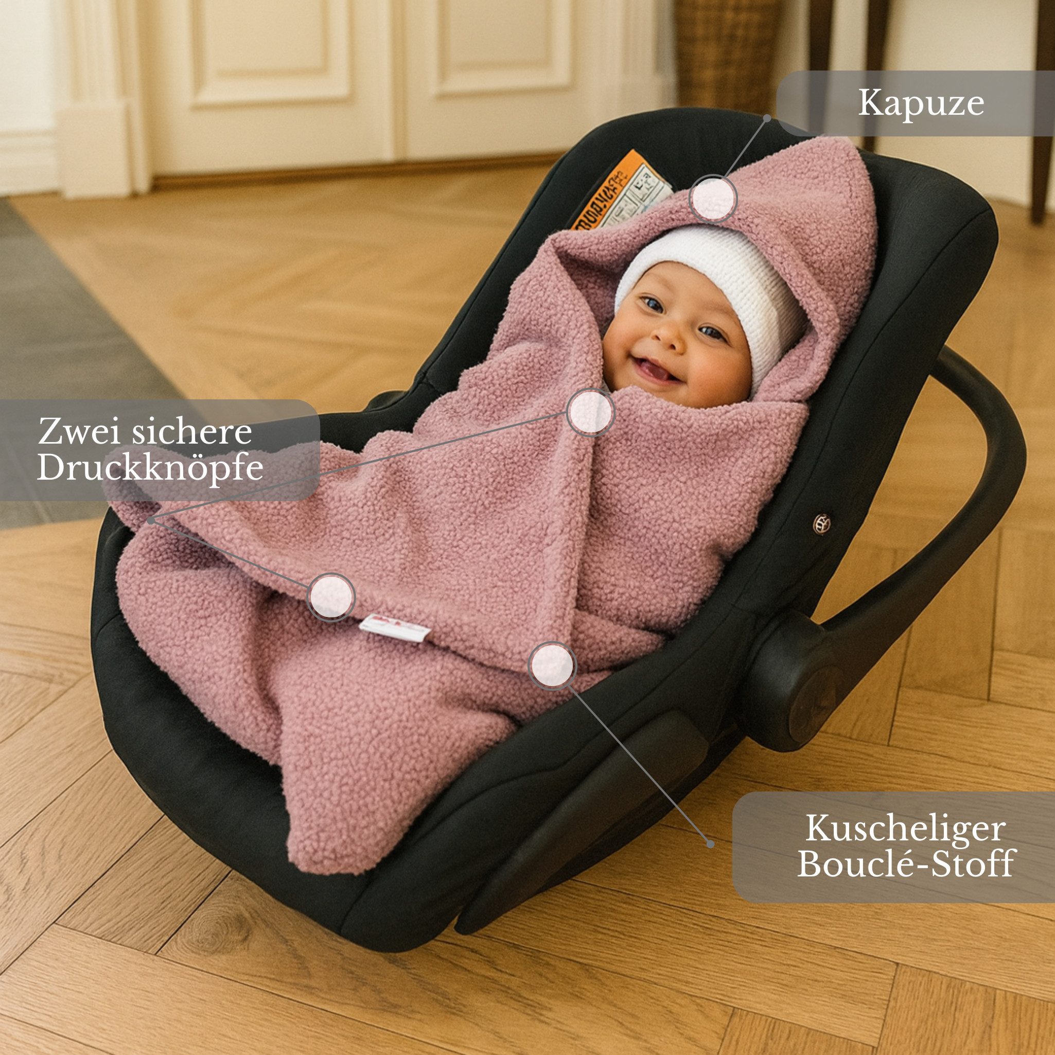 BabyLux Babyschale Warme Einschlagdecke Bouclé 80x80 cm für Autositz Decke 0+, Bouclé - Rosa - 80x80cm
