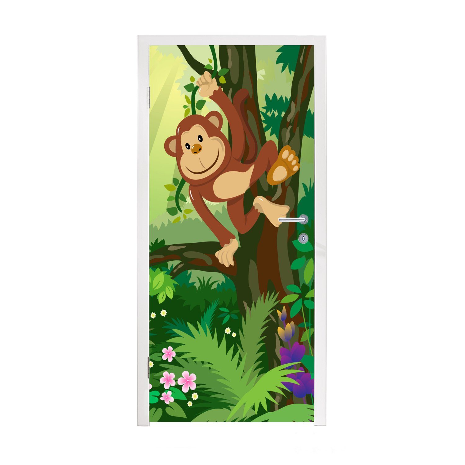 bedruckt, Mädchen Dschungel - - Blumen Türaufkleber, Tür, Jungen Fototapete - (1 - - Affe Kinder, 75x205 Türtapete MuchoWow St), für cm Matt,