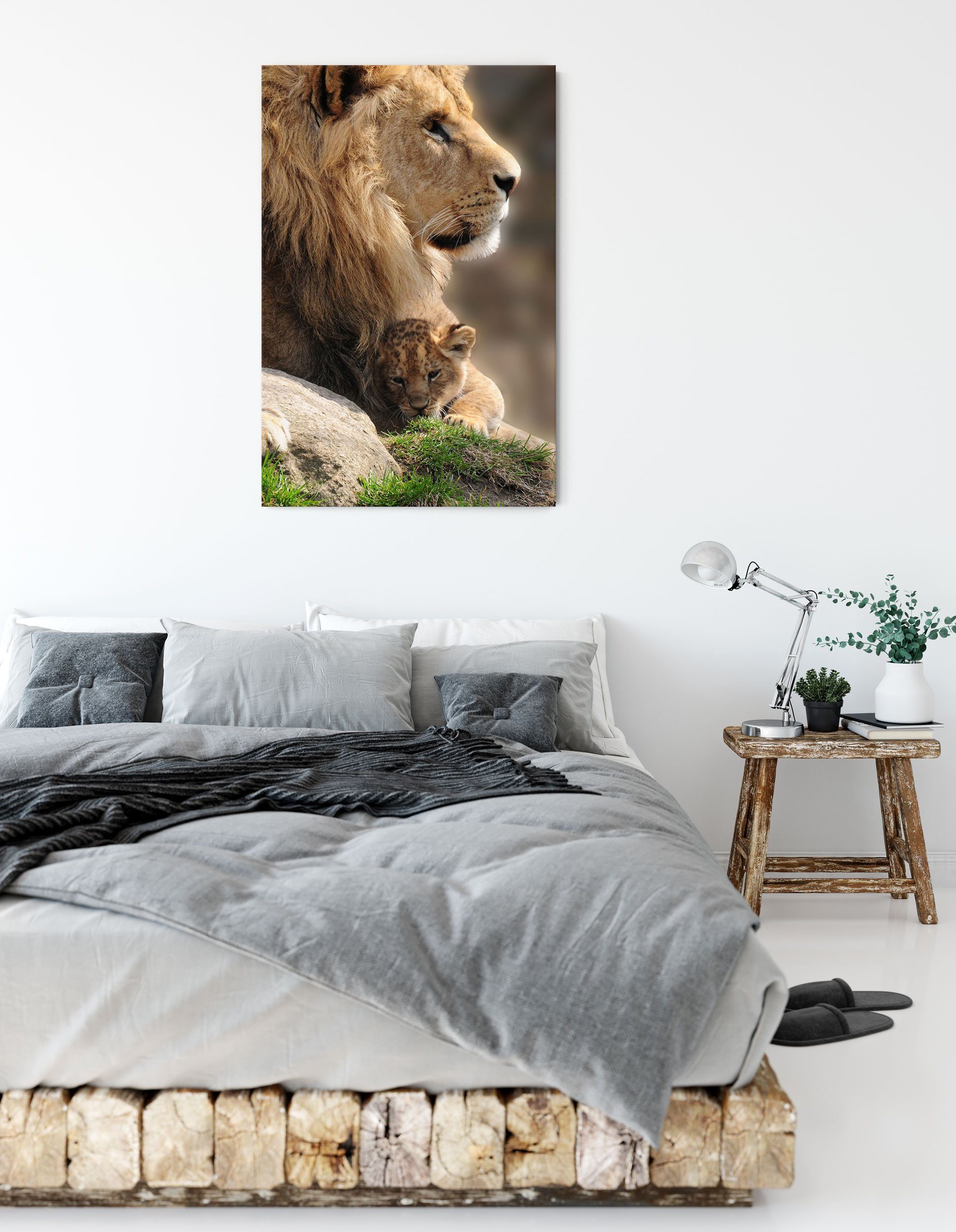 Pixxprint Leinwandbild Leinwandbild inkl. mit Löwenbaby, fertig Löwenbaby St), mit Zackenaufhänger Löwe (1 Löwe bespannt