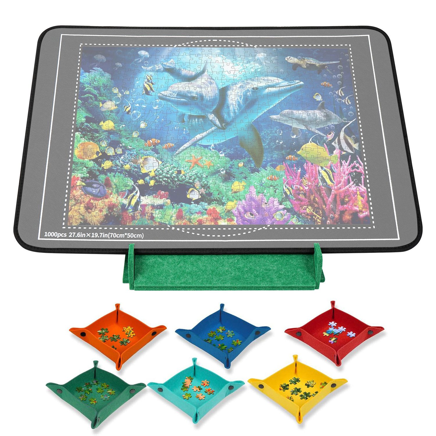 OSTWOLKE Puzzleunterlage Puzzlebrett mit 6 Sortierschalen, 2-in-1 Puzzleständer & Abdeckung, für 1000 Teile
