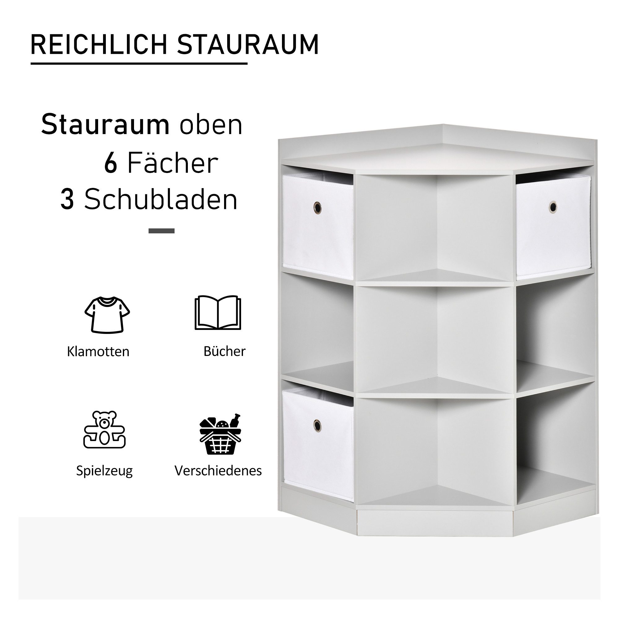 HOMCOM Kinderregal Bücherregal Kinderzimmerregal, 7 offene Fächer, Kindergarten, Eckregal mit 3 Aufbewahrungsboxen 1-tlg., für Kinderzimmer, für 3-12 Jahre Kind – Bild 5 von 5
