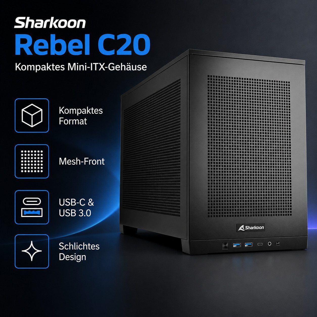Sharkoon PC-Gehäuse Rebel Mini ITX PC Gehäuse Gaming Computer Tower C20, Gaming Gehäuse Computergehäuse Micro PC Computer Gaming Tower