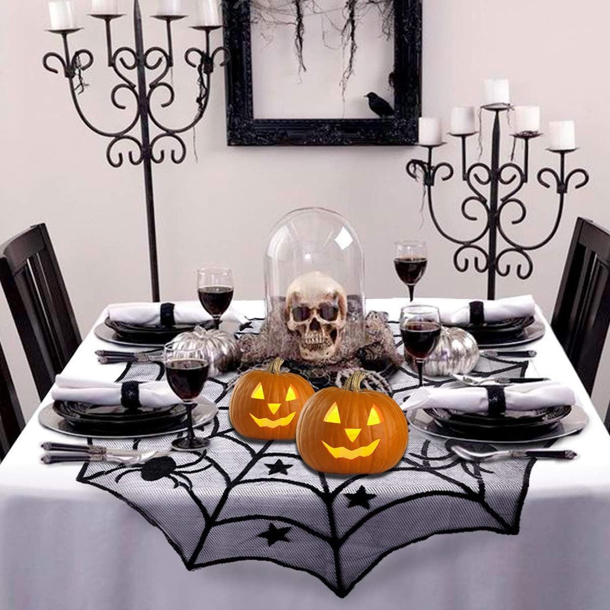 Coonoor Tischdecke Halloween Dekoration Tischdecken Runde Spinnennetz Spitzen Tischdecke, für Halloween Motto Partys Festival Party Dinner Tischdekorationen – Bild 3 von 5