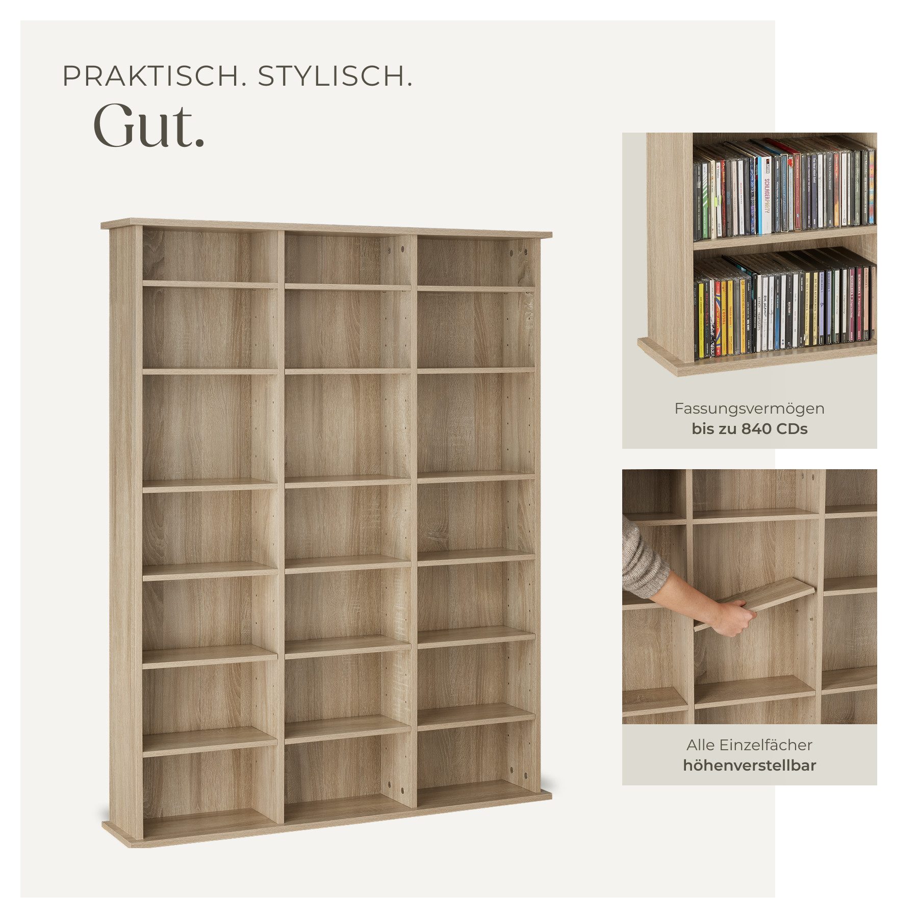 tectake CD-Regal Medienregal Stevie in Holzoptik 105,5x19x136,5cm, Sammlerset 1-tlg., höhenverstellbare und herausnehmbare Zwischenböden – Bild 4 von 5