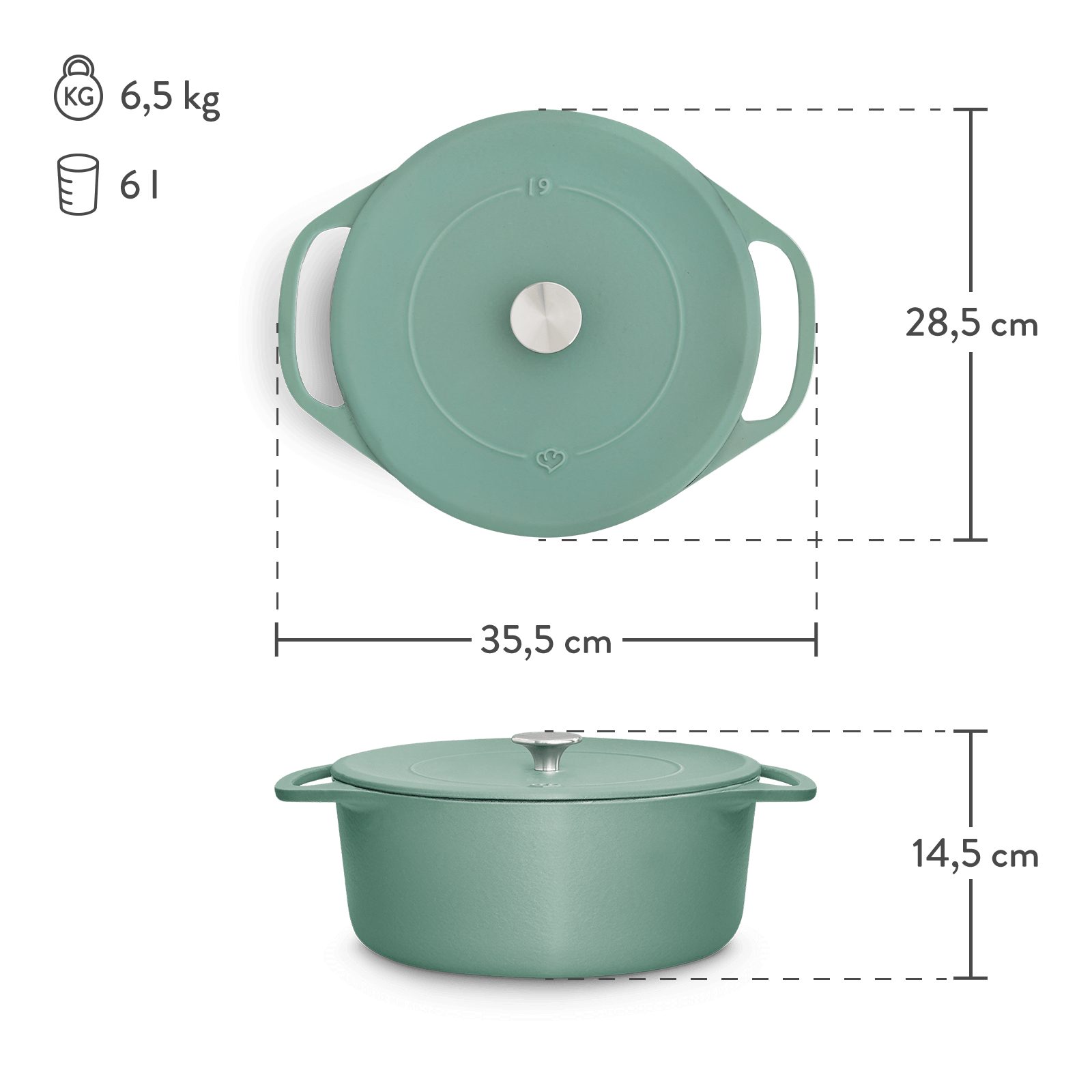 Springlane Bräter Cocotte Mint mit Deckel, Gusseisen, 6 L, Ø 28cm, Rund, Gusseisen emailliert, Ideale Feuchtigkeitsverteilung durch Tropfenstruktur