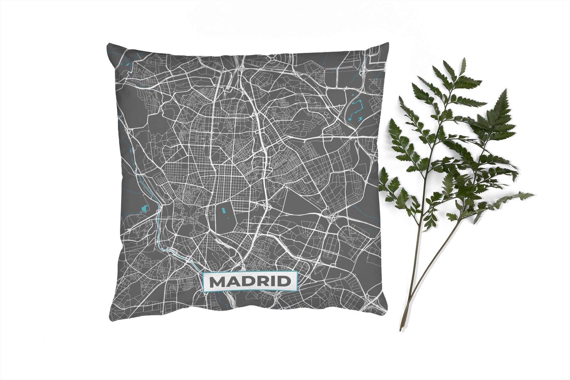 Madrid Schlafzimmer, Deko, MuchoWow für mit - Dekokissen Blau Karte Wohzimmer, Füllung Zierkissen - Stadtplan, - Sofakissen