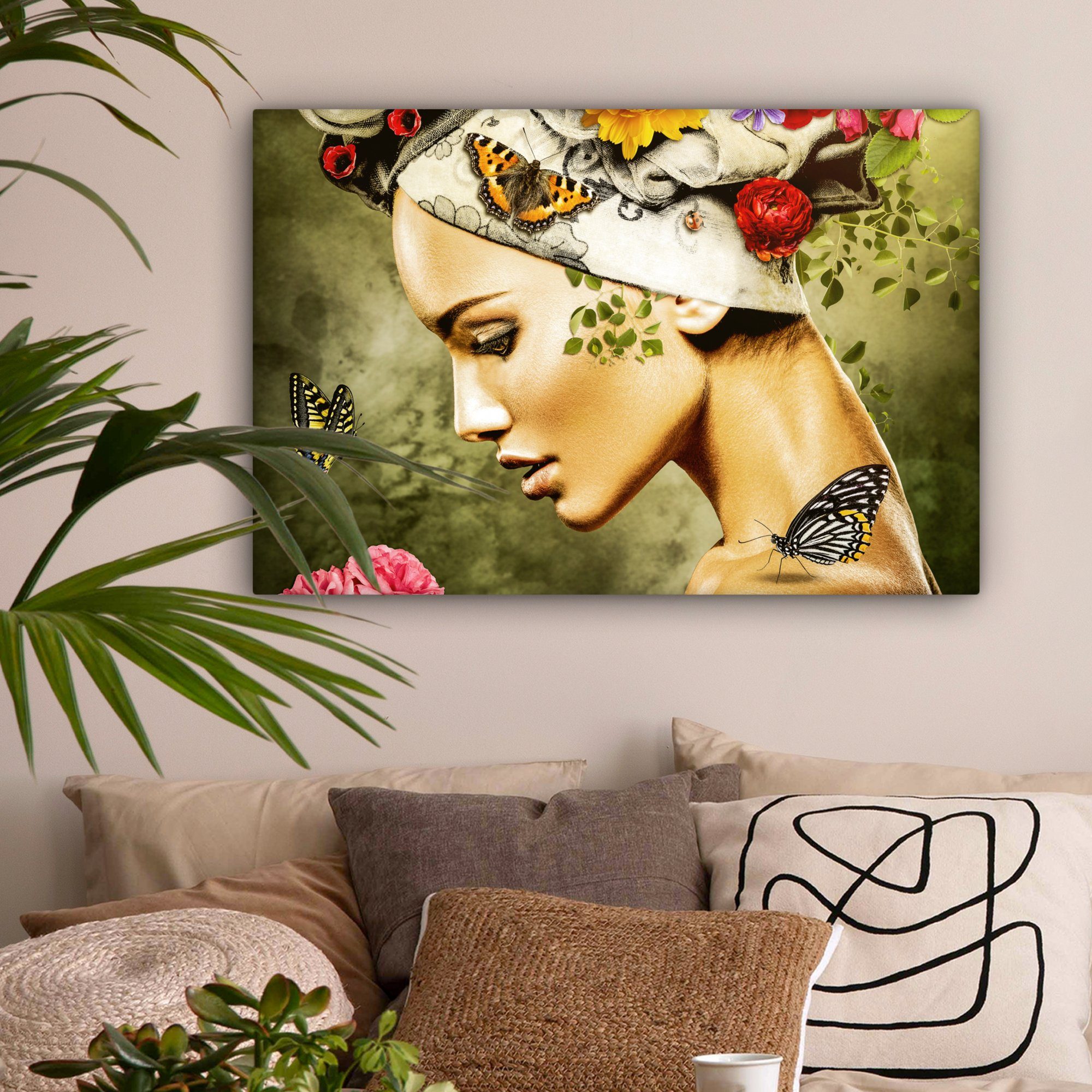 OneMillionCanvasses® Leinwandbild Frau - Blumen - Farben - Schmetterlinge - Rosen - Kopftuch, Fotodruck (1 St), Leinwände Wanddeko Wohnzimmer Schlafzimmer 60x40 cm