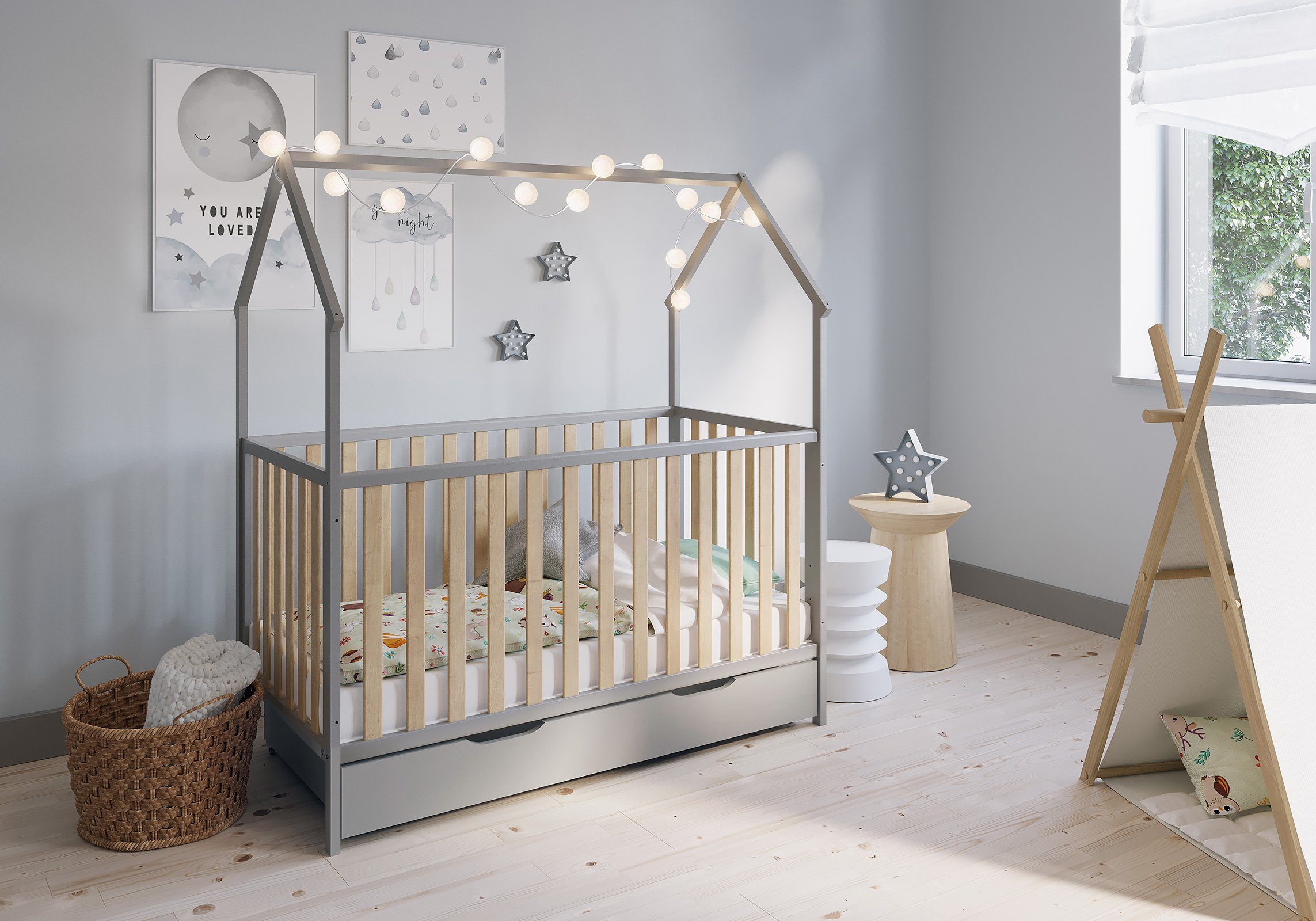 Kinderbett Hausbett Schlafmütze 140 x 70 cm Liegefläche, grau / natur lackiert
