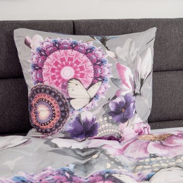 Bettwäsche Comfort Baumwolle, Traumschloss, Flanell, 2 teilig, lila Mandalas mit Blumen und Schmetterlingen, grau