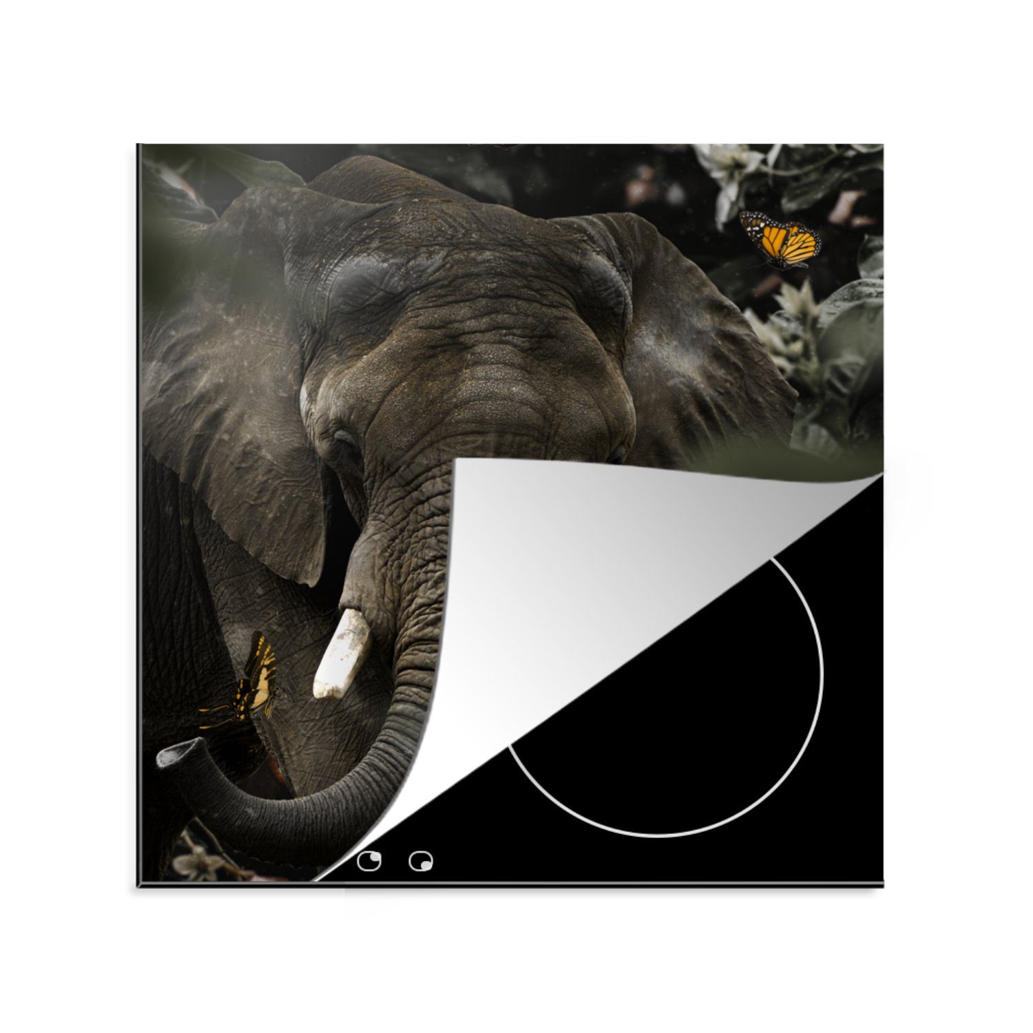 MuchoWow Herdblende-/Abdeckplatte Tiere - Elefant - Schmetterlinge, Vinyl, (1 tlg), 78x78 cm, Ceranfeldabdeckung, Arbeitsplatte für küche