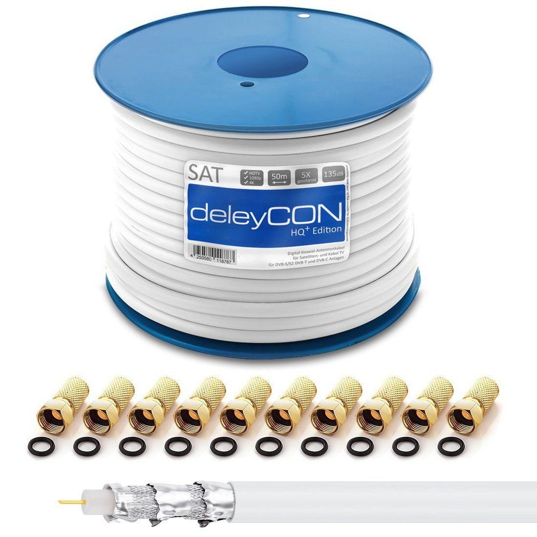 deleyCON deleyCON 50m HQ+ + Kabel 135dB 5x 10x HDTV F-Stecker geschirmt - SAT-Kabel SAT