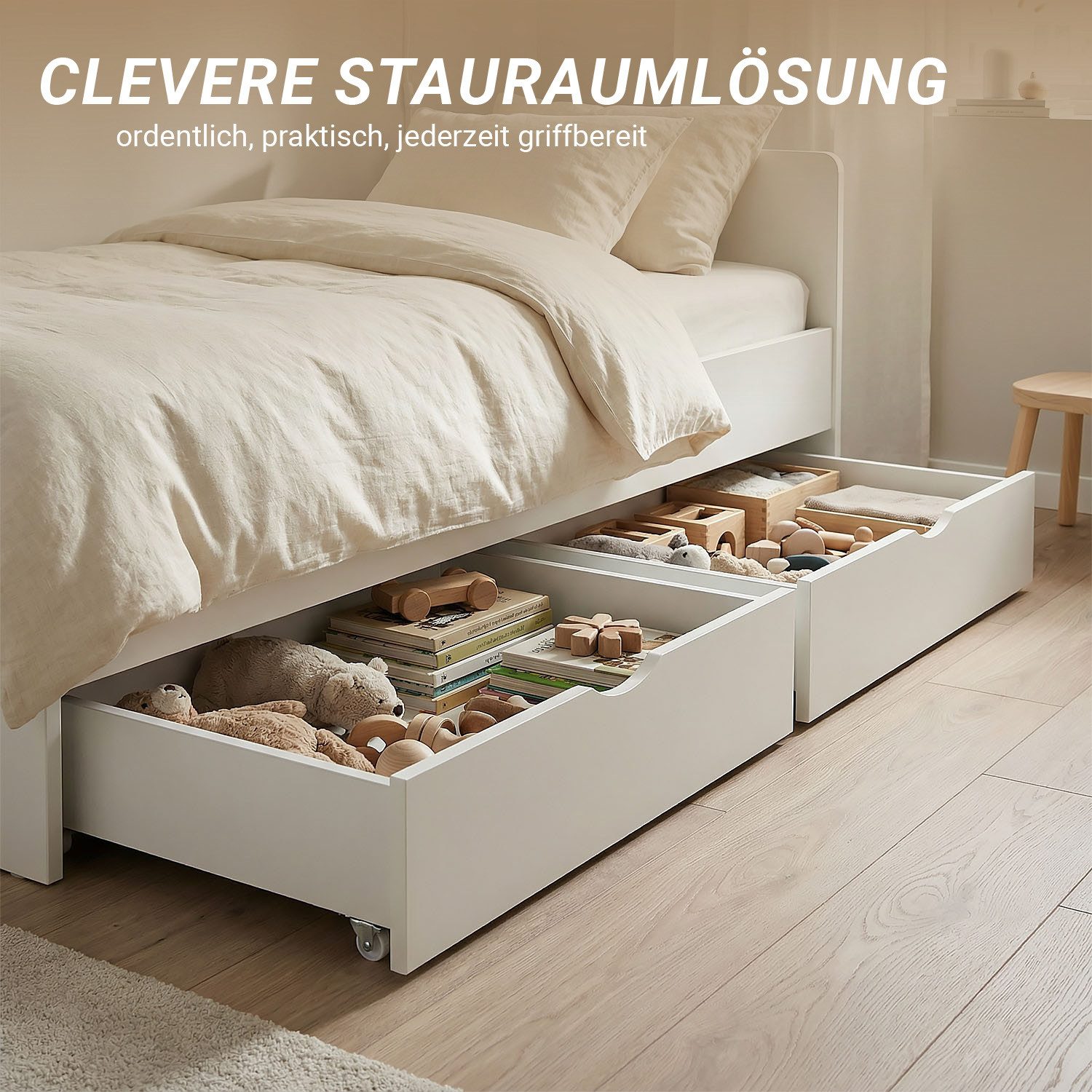 Homestyle4u Bettschubkasten Set mit Rollen 94x63,5x19 Bettkasten Holz Schublade Weiß Aufbewahrung