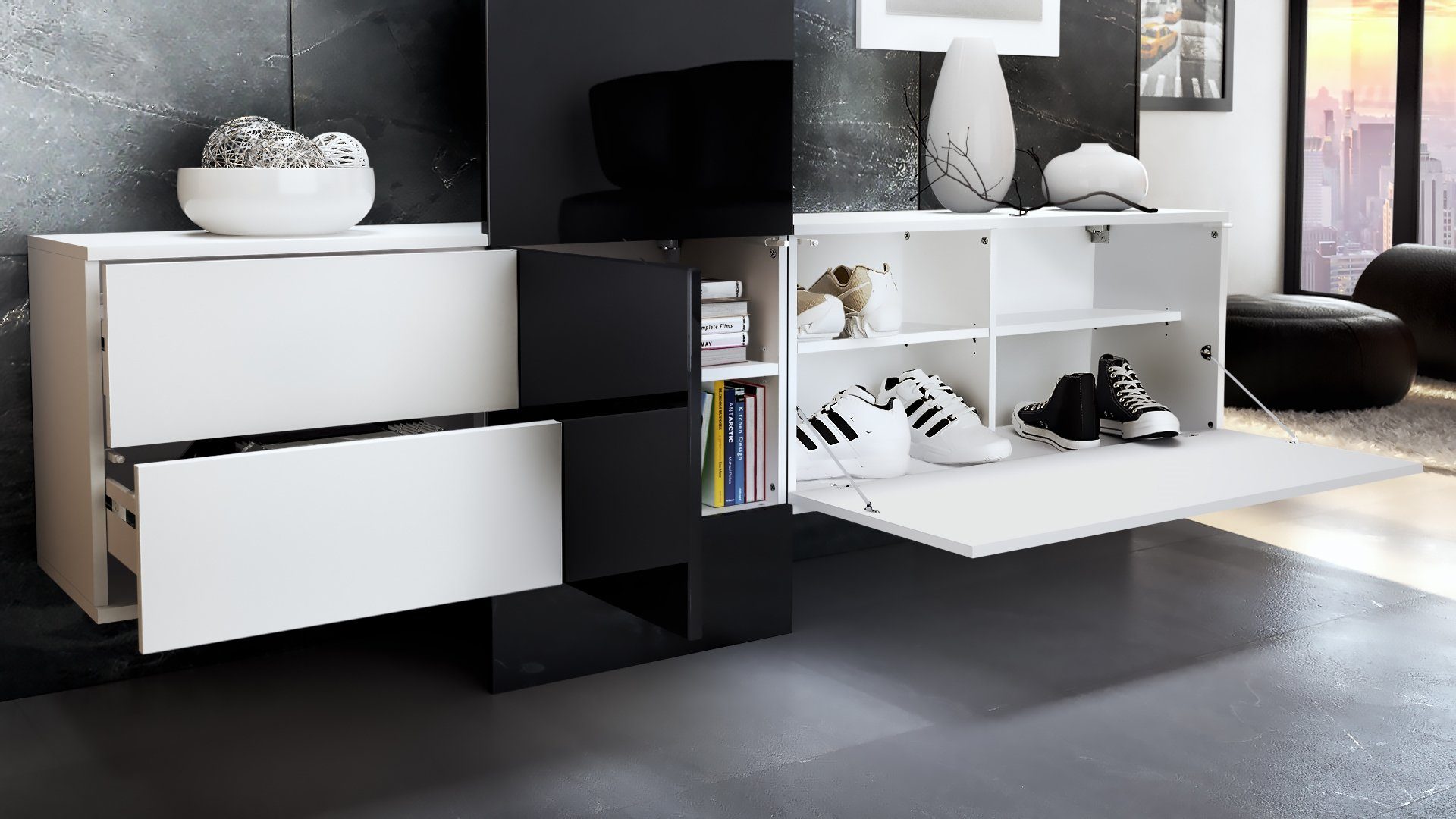 Vladon Garderoben-Set Carlton Set 1, (Wandgarderobe bestehend aus, 1 Paneel, 1 Schubkastenschrank, 1 Schrankmodul und 1 Spiegel), Weiß matt/Graphit seidenmatt (208 x 193 x 35 cm)