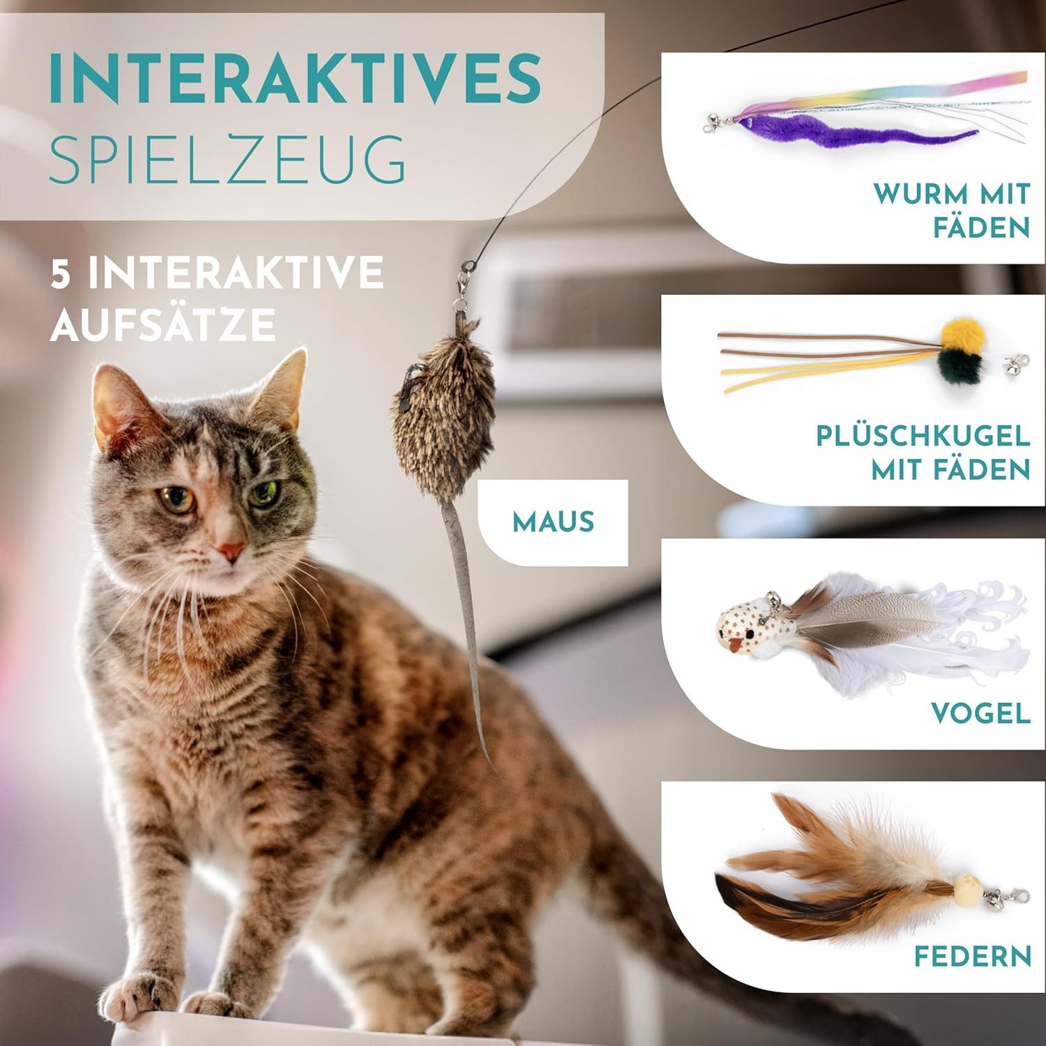 Beaface Tier-Beschäftigungsspielzeug Katzenangel Spielzeug mit Saugnapf und Federn,für Katzen