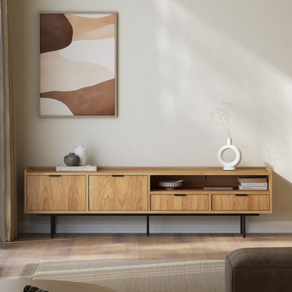 Compleo TV-Schrank 200 cm breit, Nussbaum oder Eiche Hikora, Lowboard mit 2 Schubladen Boho Design