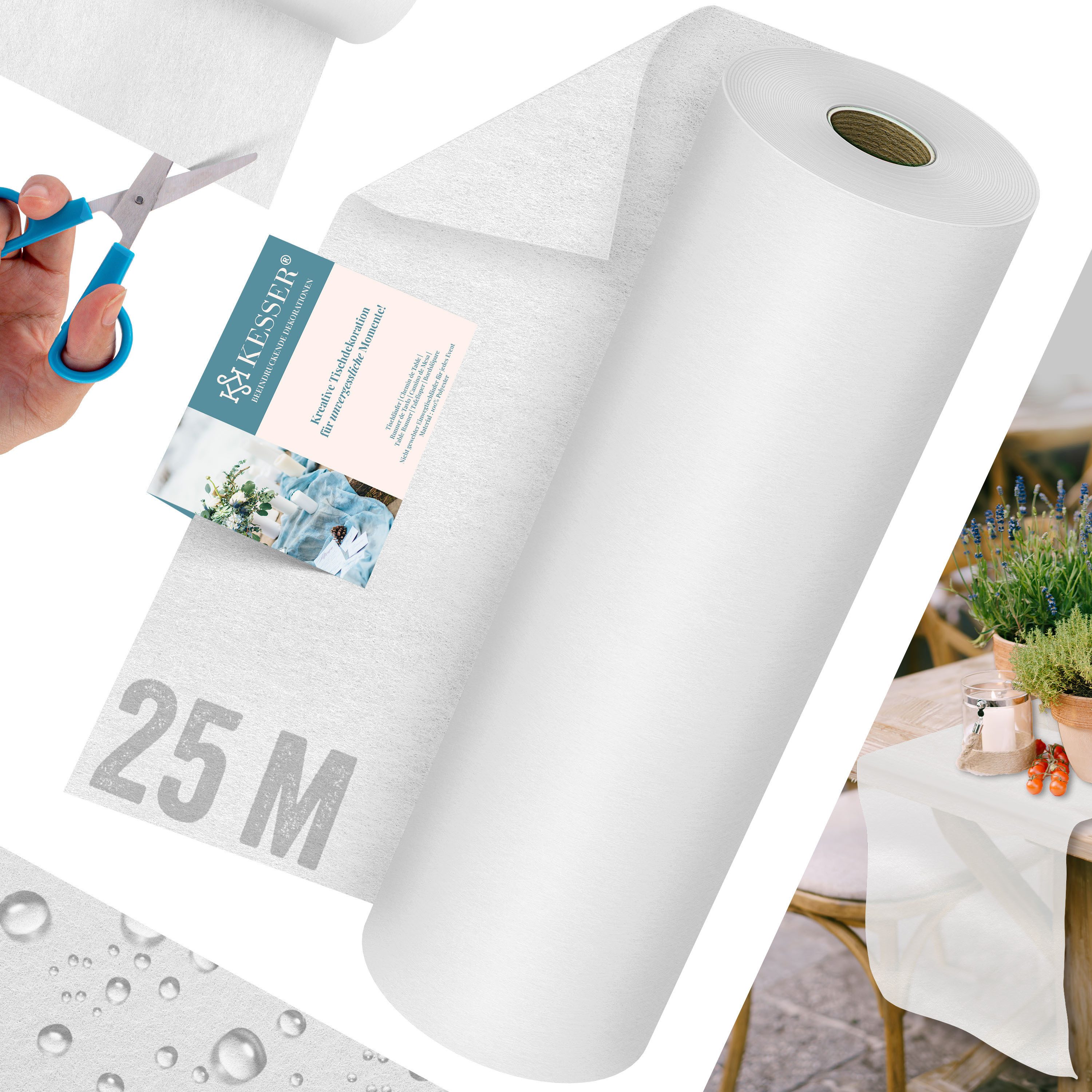 KESSER Tischläufer 25 m × 30 cm, wasserabweisend & abwaschbar, 30 g/m², anpassbare Vlies-Tischdekoration – für Feste aller Art geeignet