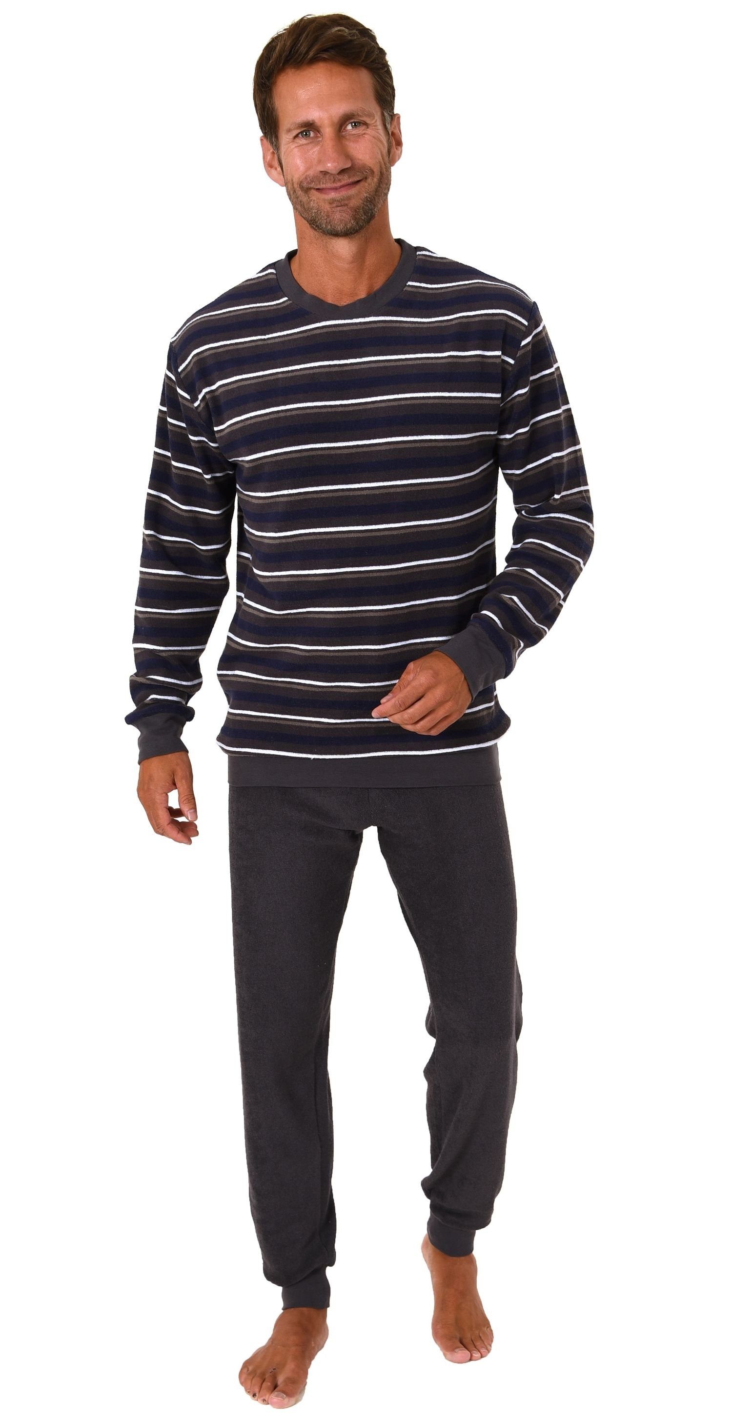 Normann Pyjama Herren Frottee langarm Schlafanzug mit Bündchen in Streifenoptik