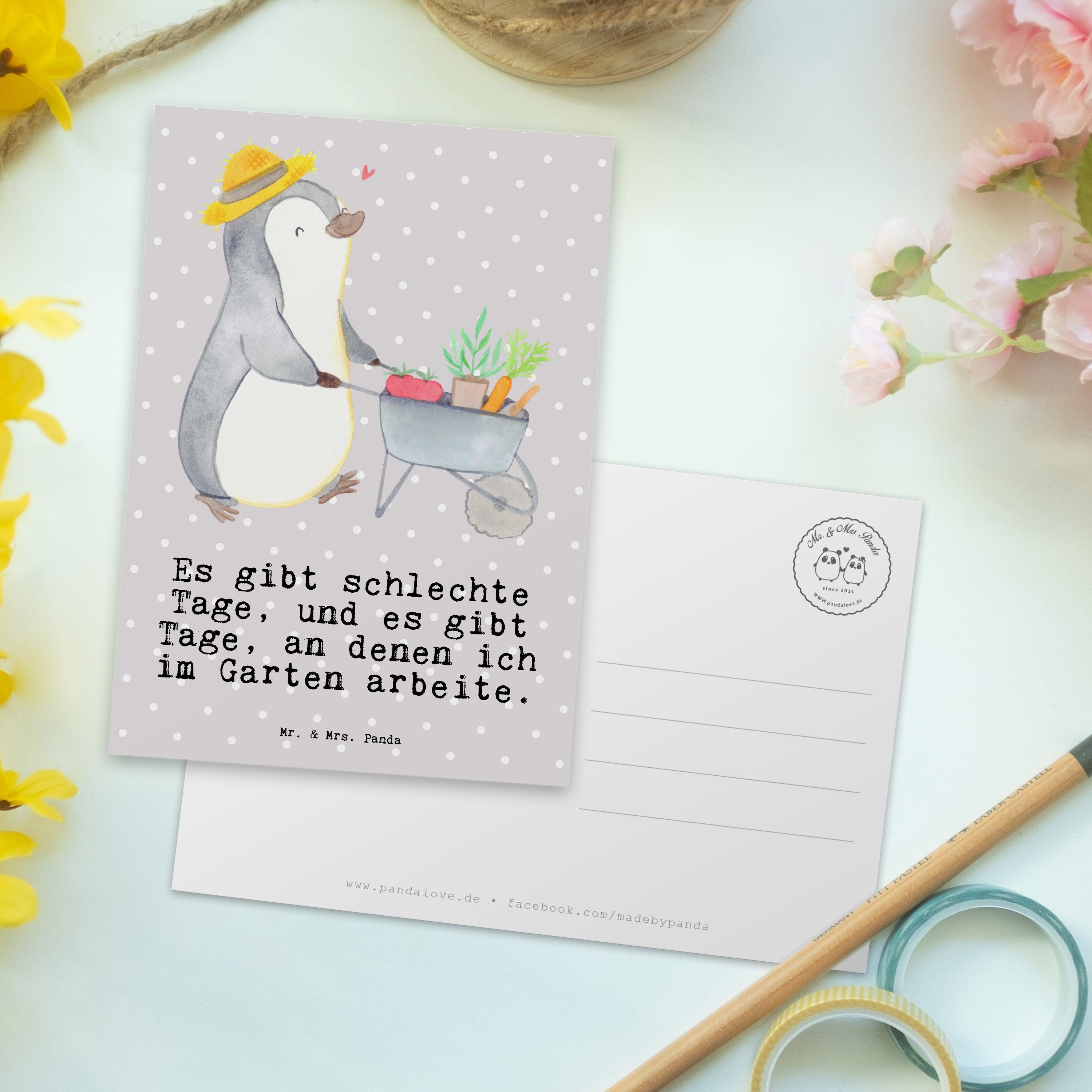 Mr. & Mrs. Panda Postkarte Grau - Geschenk, Ansichtsk Tage Karte, Pastell Pinguin - Gartenarbeit