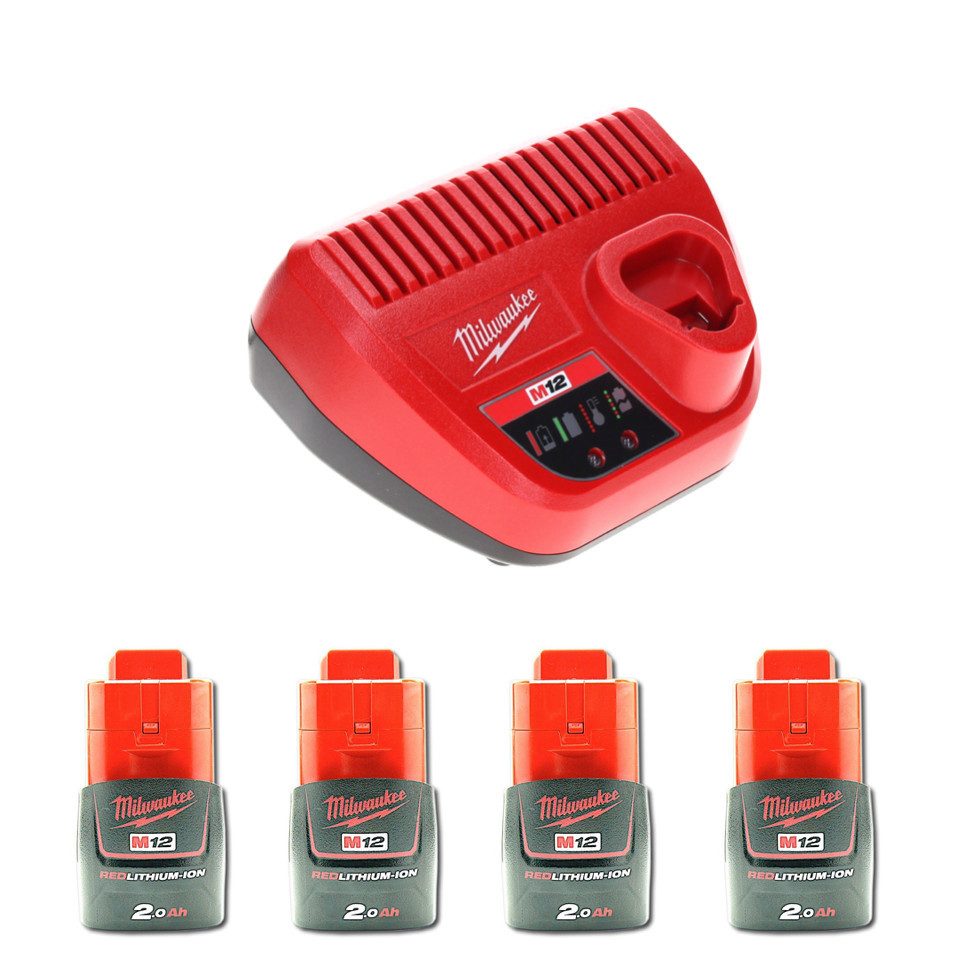 Milwaukee Akku Starter Set 12 V mit 4x Akku 2,0 Ah + M12 C12C Ladegerät Akkupacks