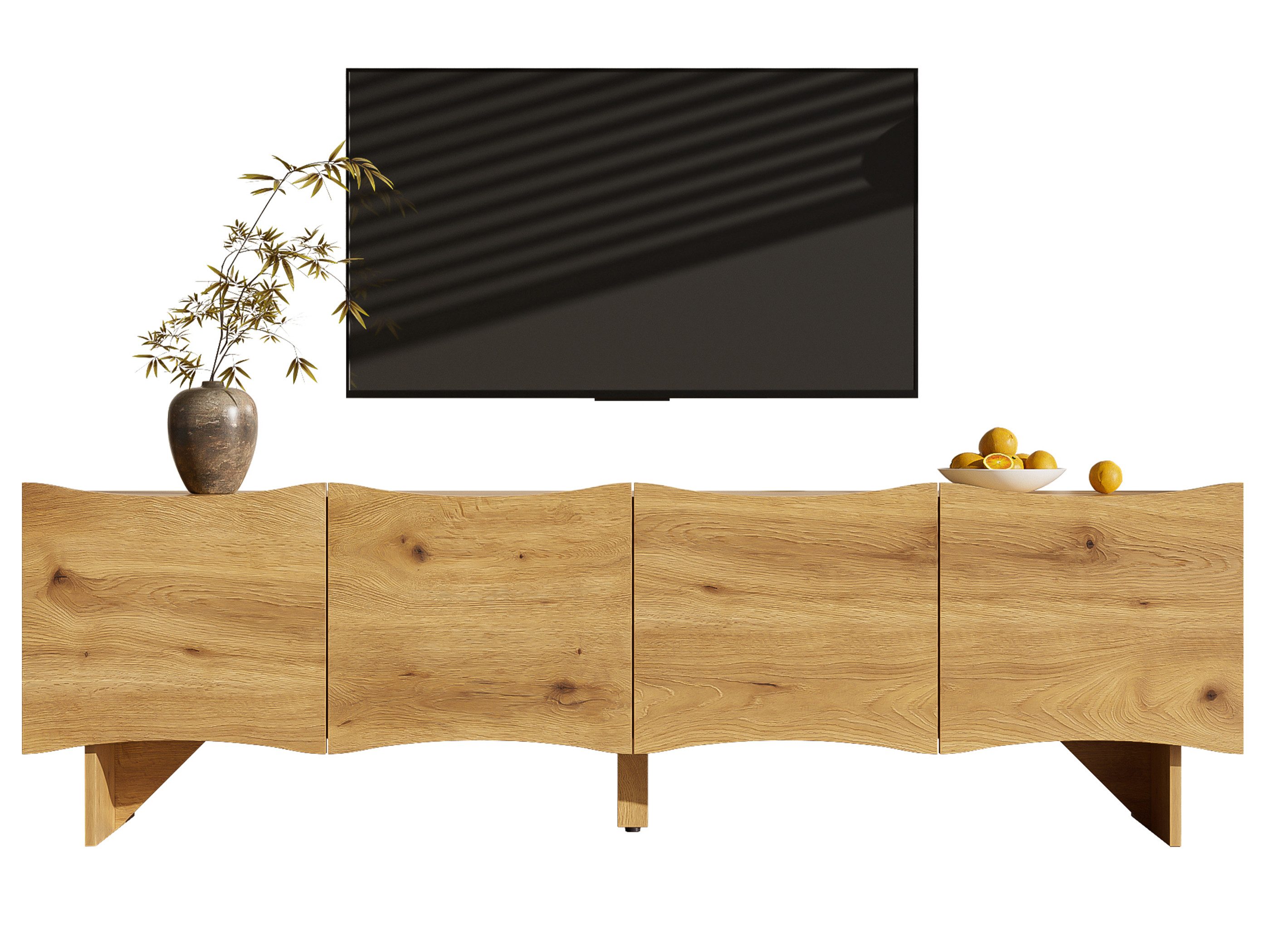 SeedWave Lowboard TV Schrank in Holzoptik, 4 Schranktüren mit Kurven, 6 Staufächern, 4 Löcher auf der Rück zur Kabeldurchführung