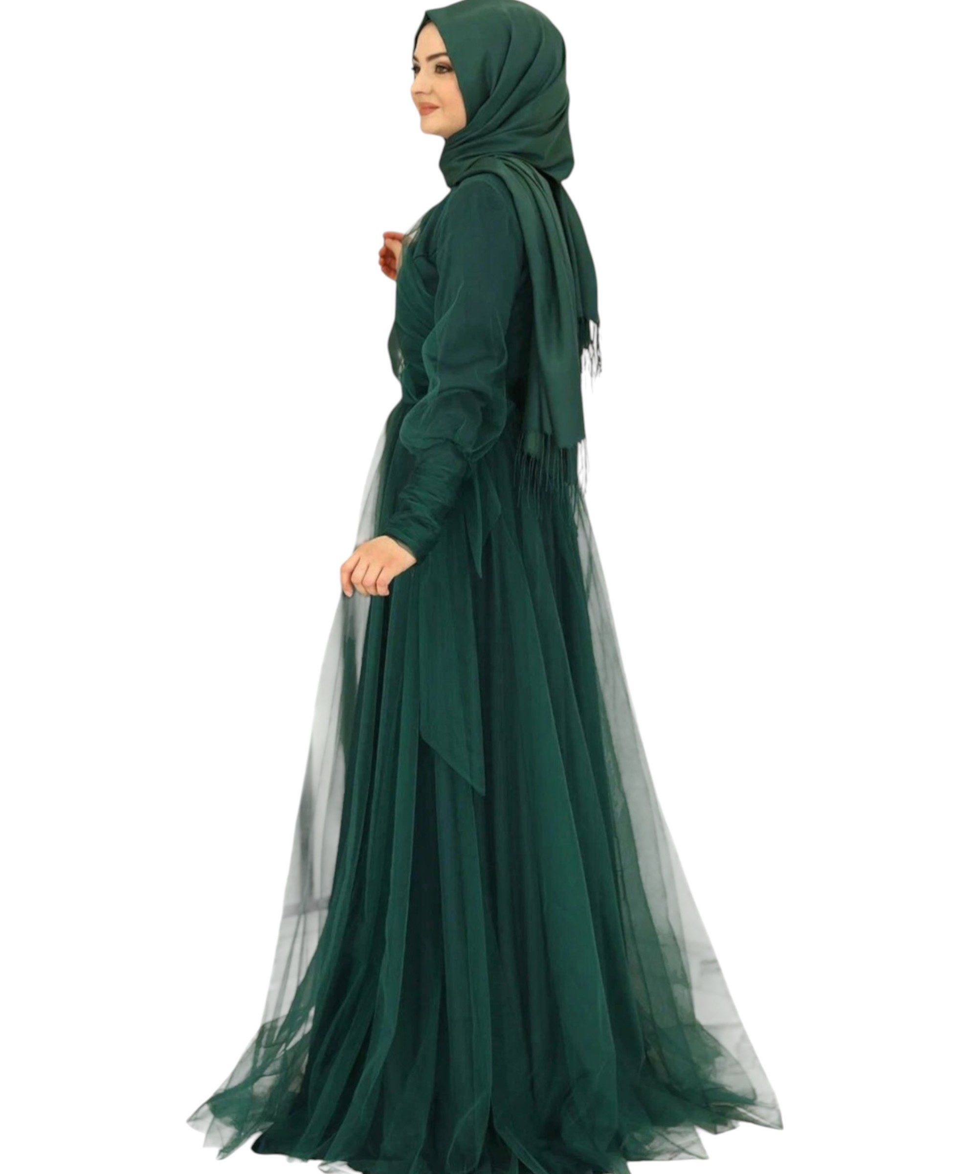Modavitrini Tüllkleid Maxikleid langarm Abendkleid festlich elegant mit Gürtel bodenlang gefüttert, blickdicht