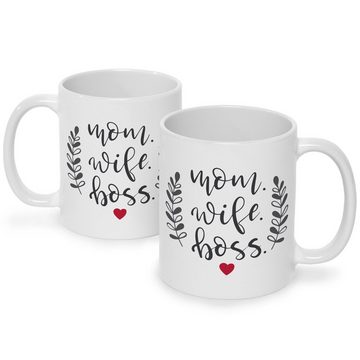 GRAVURZEILE Tasse mit Spruch - Mom. Wife. Boss., Keramik, Farbe: Weiß