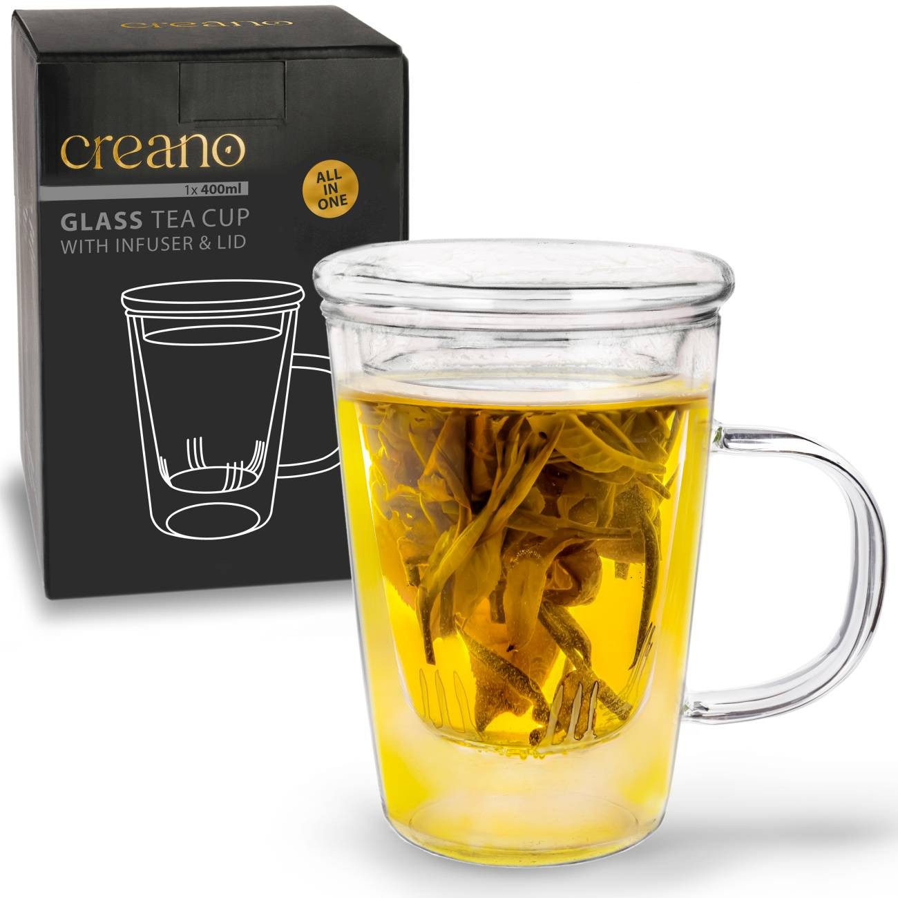 Creano Teeglas Creano Teeglas 400ml - mit Sieb und Deckel aus Glas