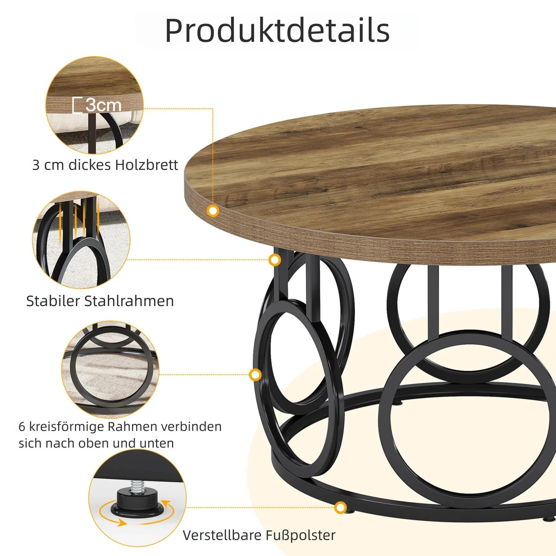 Tribesigns Couchtisch 80cm runder Beistelltisch mit Metallsockel, industrieller Mitteltisch – Bild 5 von 5