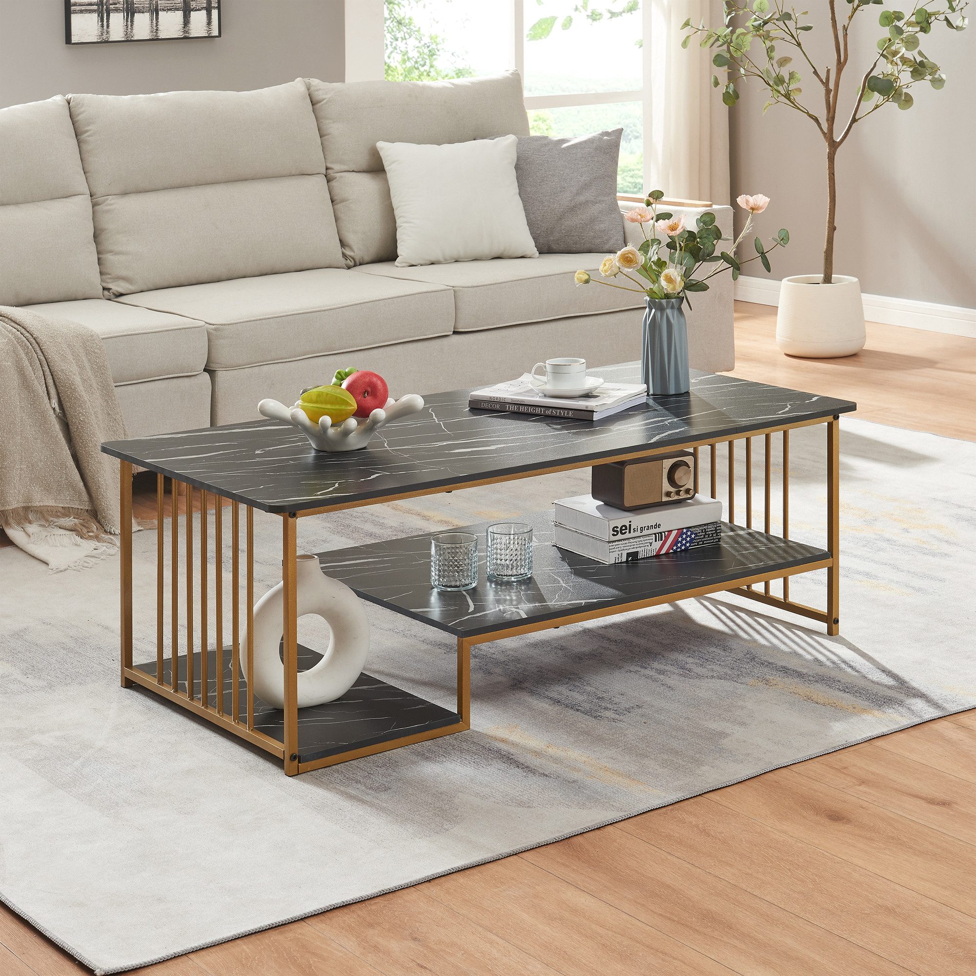 en.casa Couchtisch, »Klibro« 120x60x42 cm Marmoroptik, schwarz/Goldfarben günstig online kaufen