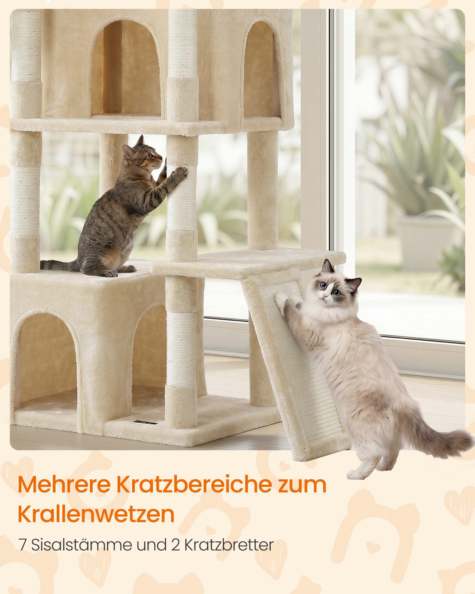 FEANDREA Kratzbaum Großer Katzenbaum mit Sisalstämmen, Mehrstöckiger Kletterbaum, mit Kratzbrett und Sisalstämmen für Große Katzen 55 x 45 x 185 cm