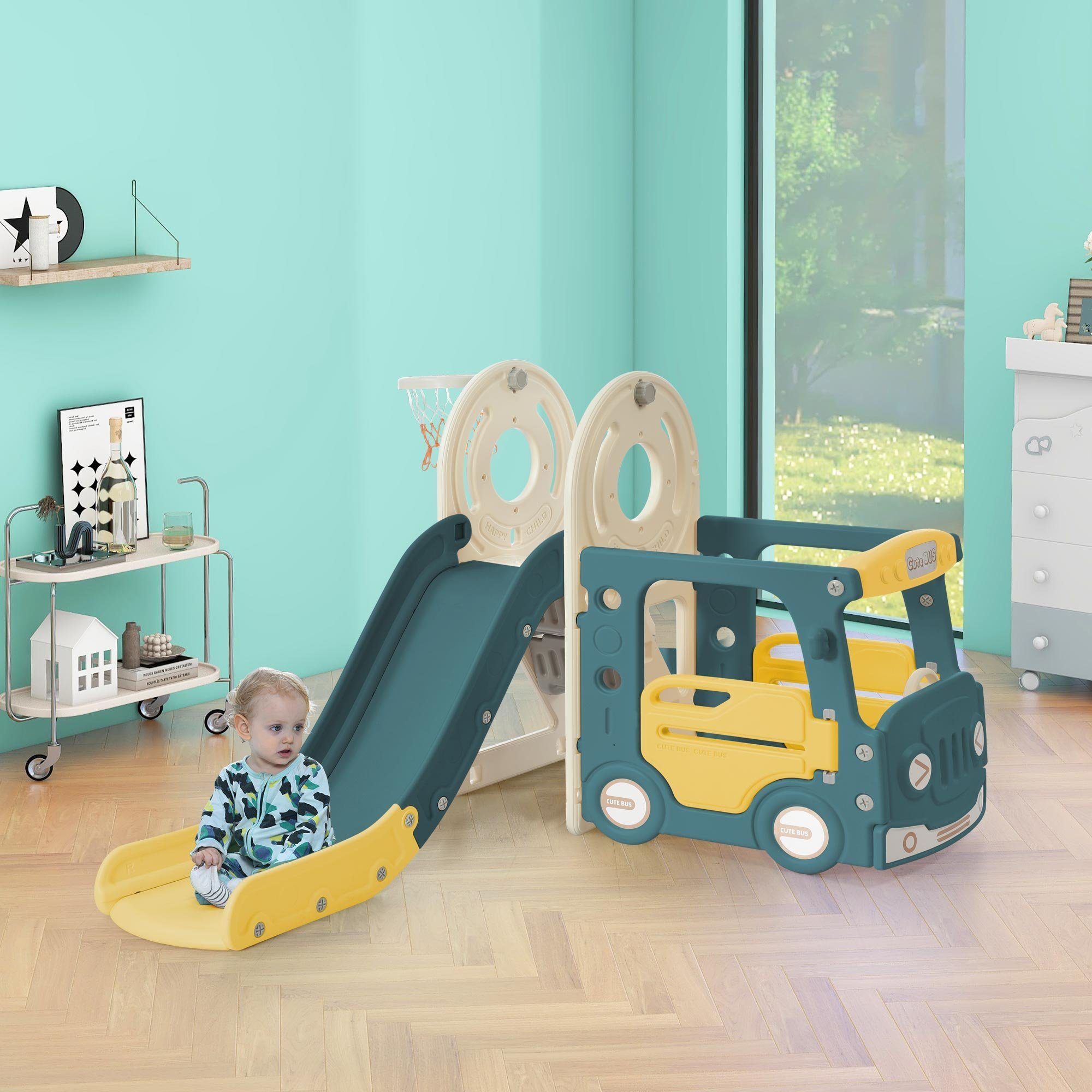 BlingBin Indoor-Rutsche 4-in-1-Kinderrutsche, (1-tlg., Für die Verwendung in Innenräumen), Bus, Rutsche, Aktivitätsleiter, Basketballkorb, passendem Basketball Grün