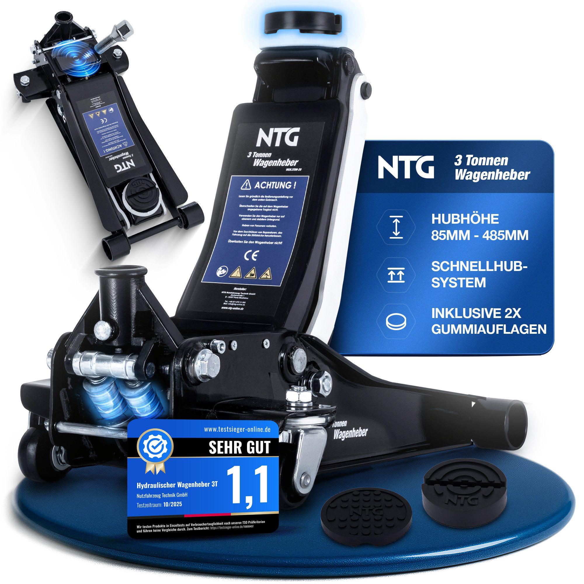 NTG Nutzfahrzeug Technik GmbH Тележка домкрат Hydraulisch Домкрат 3to 3000kg 85-485mm KFZ PKW SUV Werkstatt, max. Hubhöhe: 48.5 cm, Magnetische Ablage