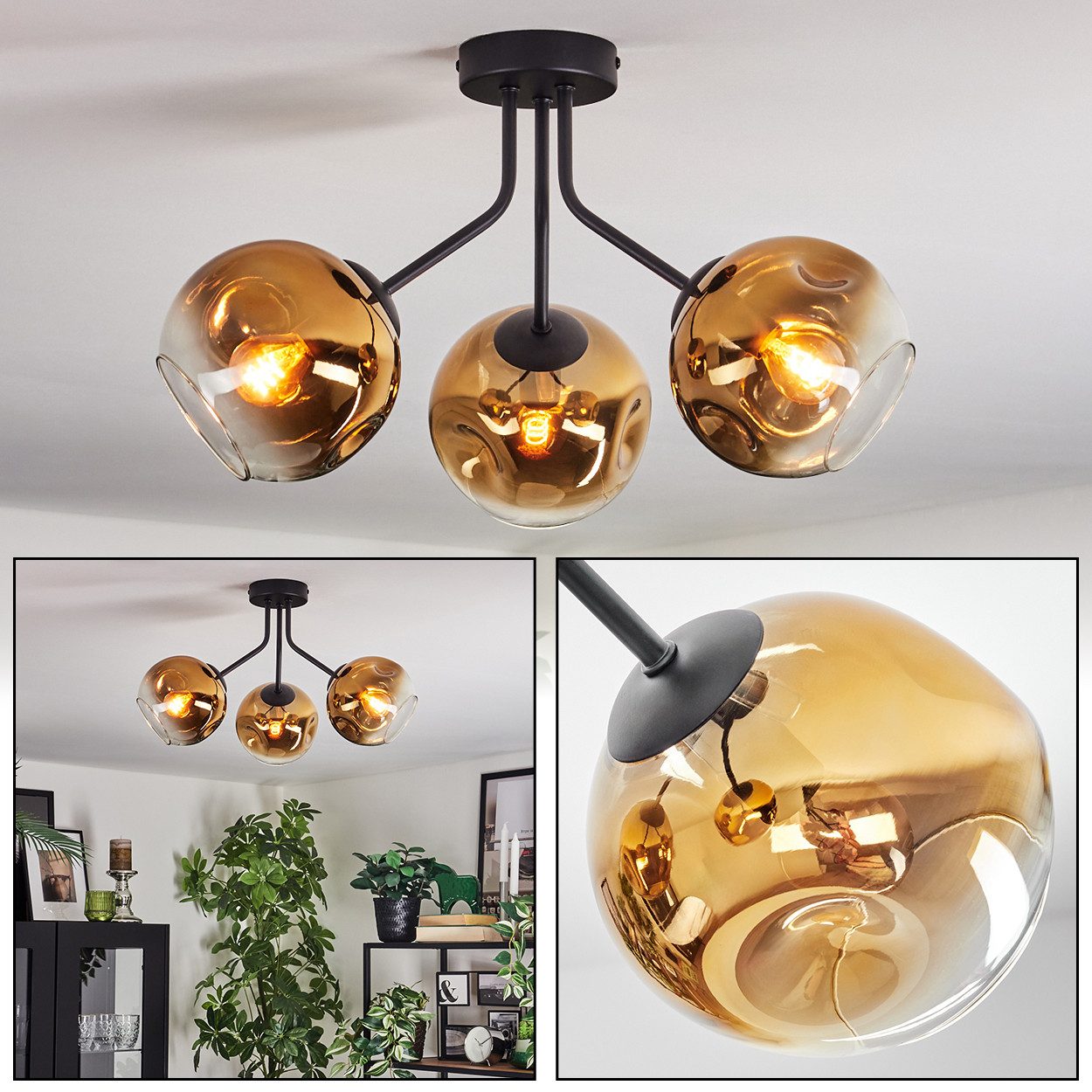 hofstein Deckenleuchte Deckenlampe aus Metall/Glas in Schwarz/Goldfarben/Klar, Deckenleuchte im Retro/Vintage-Design (Schirme Ø 15 cm), 3 x E14