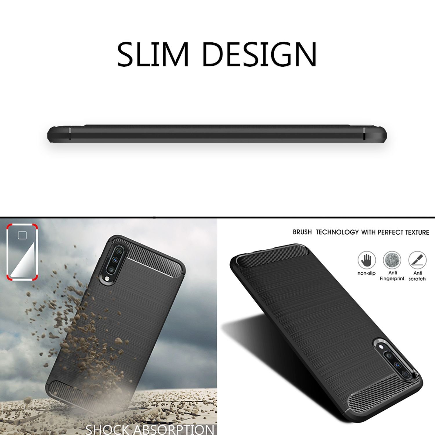 Nalia Smartphone-Hülle Samsung Galaxy A50 16,3 cm (6,4 Zoll), Carbon Look Silikon Hülle / Matt Schwarz / Rutschfest / Karbon Optik