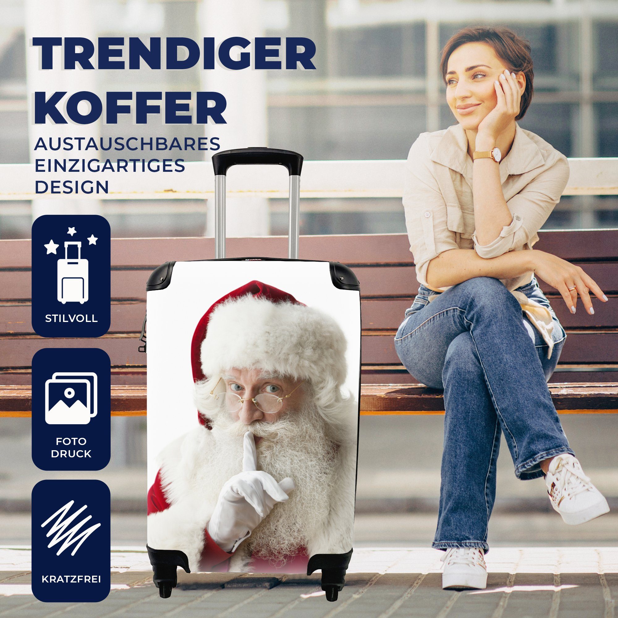 Handgepäckkoffer rollen, Reisetasche auf mit Mund, Ferien, für mit Der Weihnachtsmann Finger 4 dem Reisekoffer dem Trolley, Rollen, MuchoWow Handgepäck