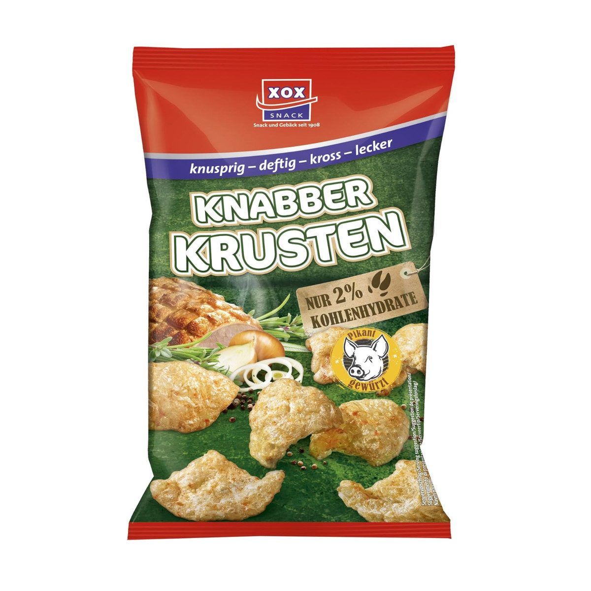 XOX Knabberei, XOX Knabberkrusten Schweineschwarten frittiert und gewürzt Packung 50g
