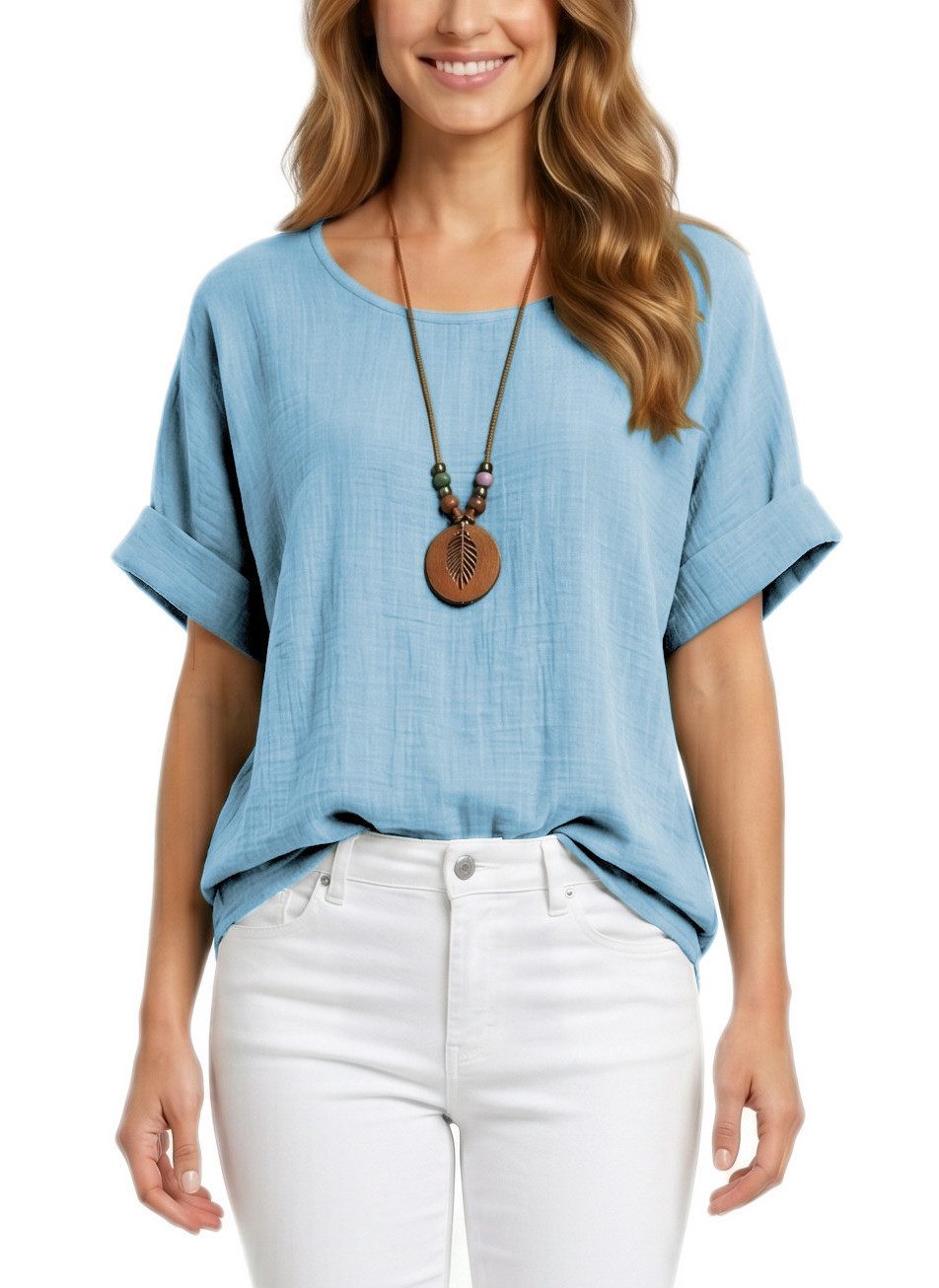 dy_mode Kurzarmbluse Damen Kurzarm Bluse Leichte Sommer Tunika Baumwollbluse Oberteil in Unifarbe, mit passende Kette