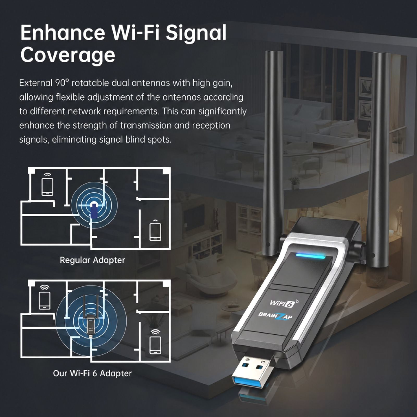 BRAINZAP WLAN-Adapter WiFi 6 (802.11ax) AX1800 USB 3.0 WLAN-Stick, WiFi 6 (802.11ax) – Bild 4 von 5