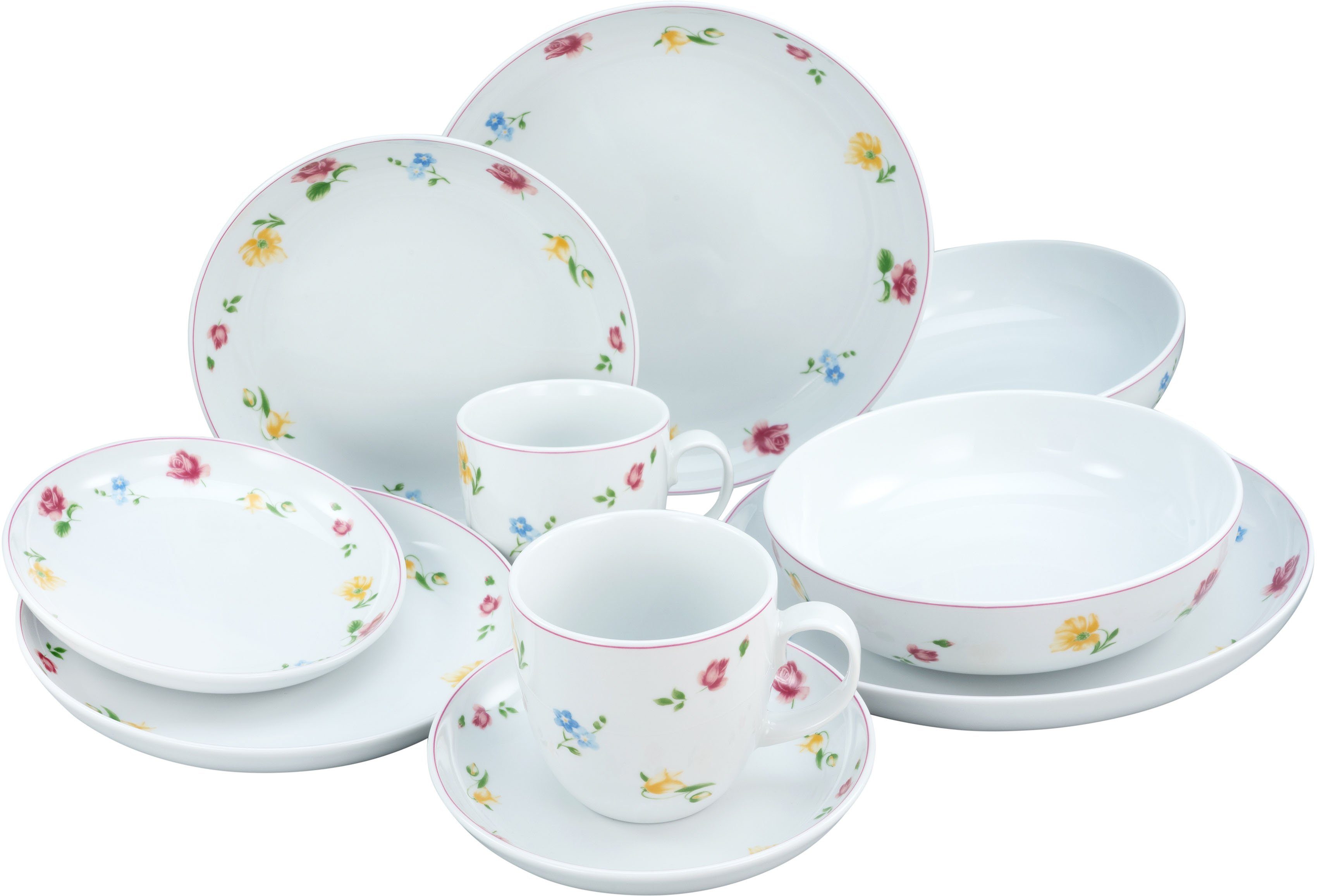 CreaTable Kombiservice Geschirr-Set Summertime (10-tlg), 2 Personen, Porzellan, Service, Streublümchen-Dekor, 10 Teile, für 2 Personen