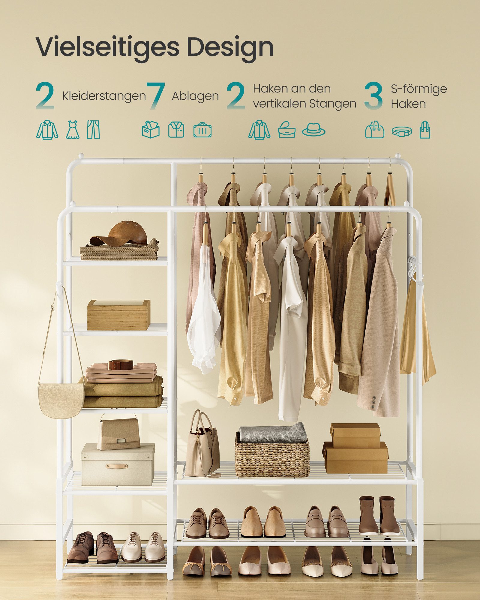 SONGMICS Kleiderständer Offener Kleiderschrank, Garderobenständer, mit Kleiderstange und 7/9 Ablagen, Metallrahmen