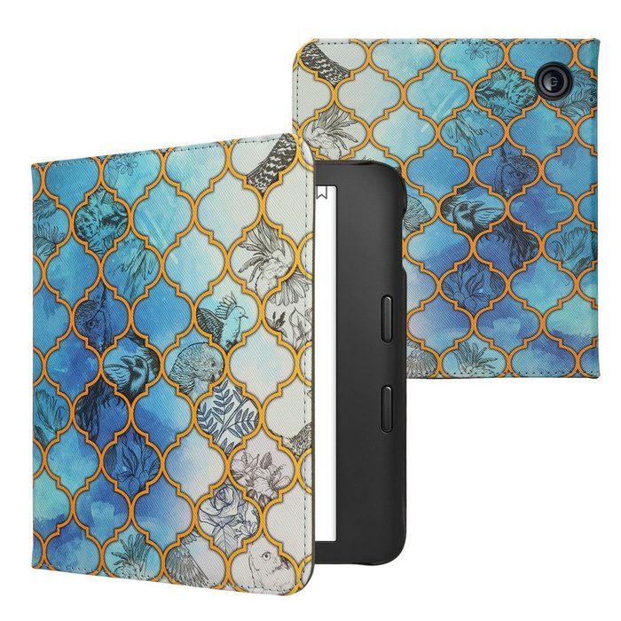 kwmobile Tablet-Hülle Klapphülle für Kobo Libra 2 Hülle eReader mit Handschlaufe - Blaues Mosaik Design Blau Weiß