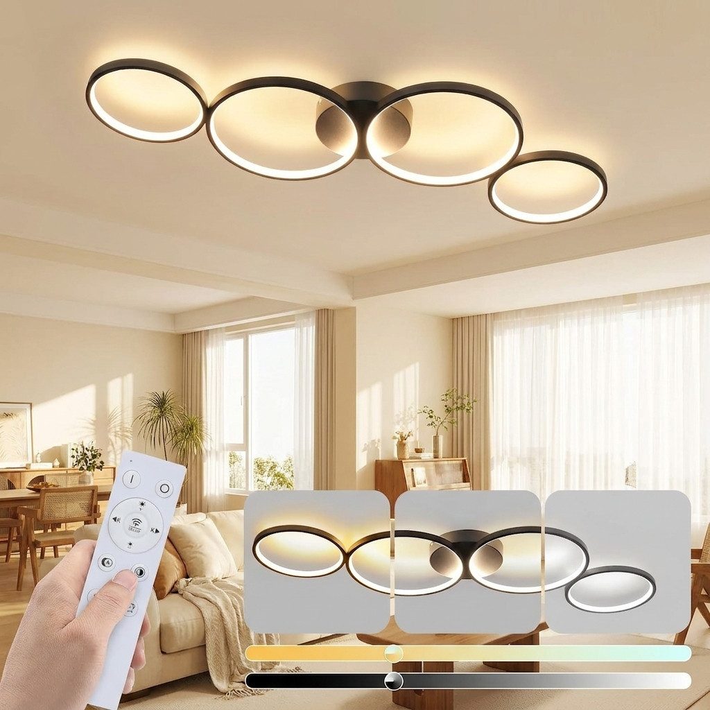 ZMH LED Deckenleuchte Wohnzimmer 4 Flammig Ringoptik Deckenlampe Modern mit Fernbedienung, Augenschutz, Einfache Installtion, LED fest integriert, warmweiß-kaltweiß, Ring Rund Schlafzimmerlampe Design Bürolampe