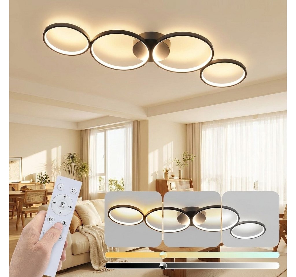 ZMH LED Deckenleuchte Wohnzimmer 4-flammig, 55W/56W, dimmbar mit Fernbedienung, 3000-6500K, Augenschutz, Einfache Installtion, Ringoptik, LED fest integriert, warmweiß-kaltweiß