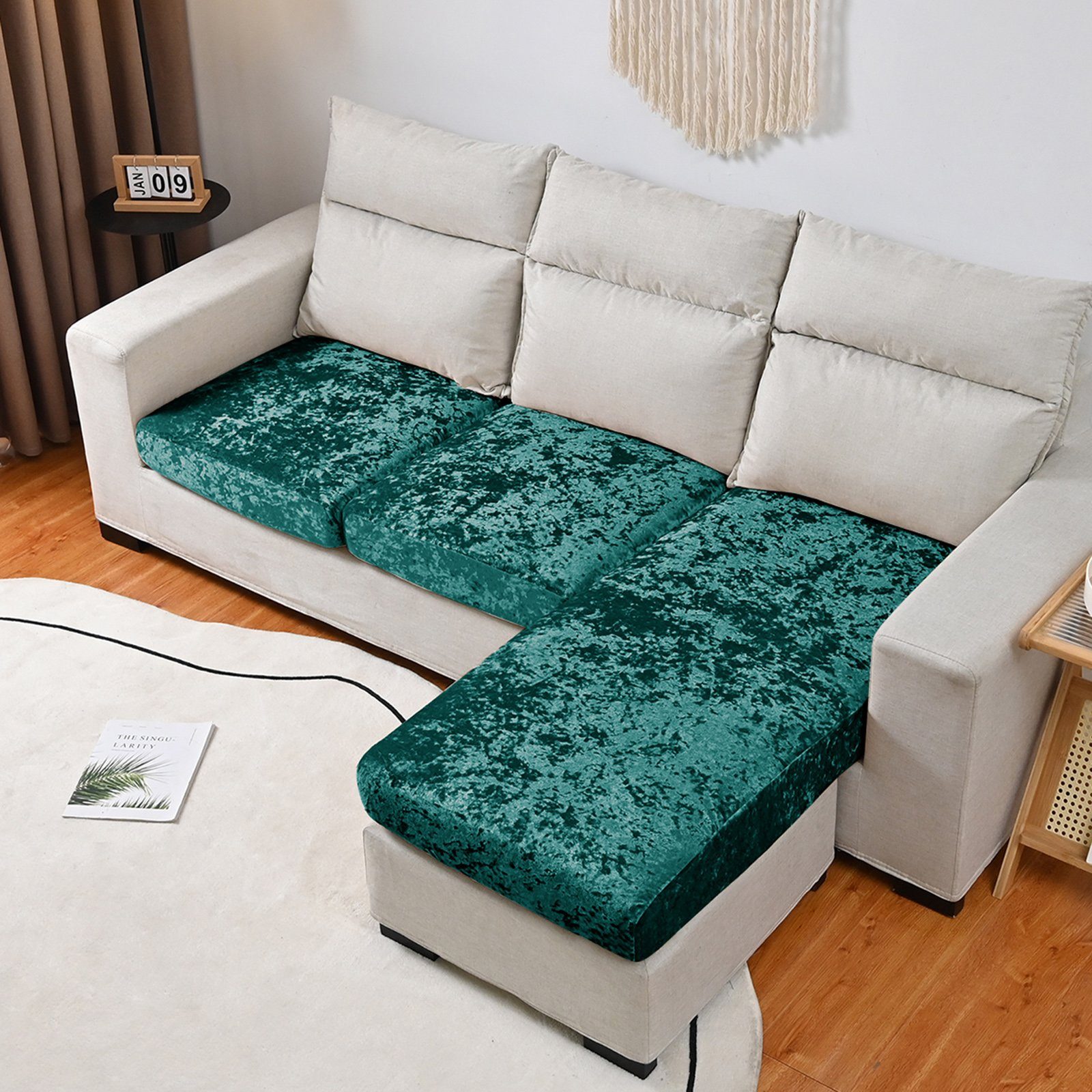 Sofahusse Samt-Sitzkissenbezug für 1-, 2-, 3-, 4-Sitzer, 8 Farben, BTTO, Elastic Stretch Sofasitzbezug mit Elastischer Unterseite Grün