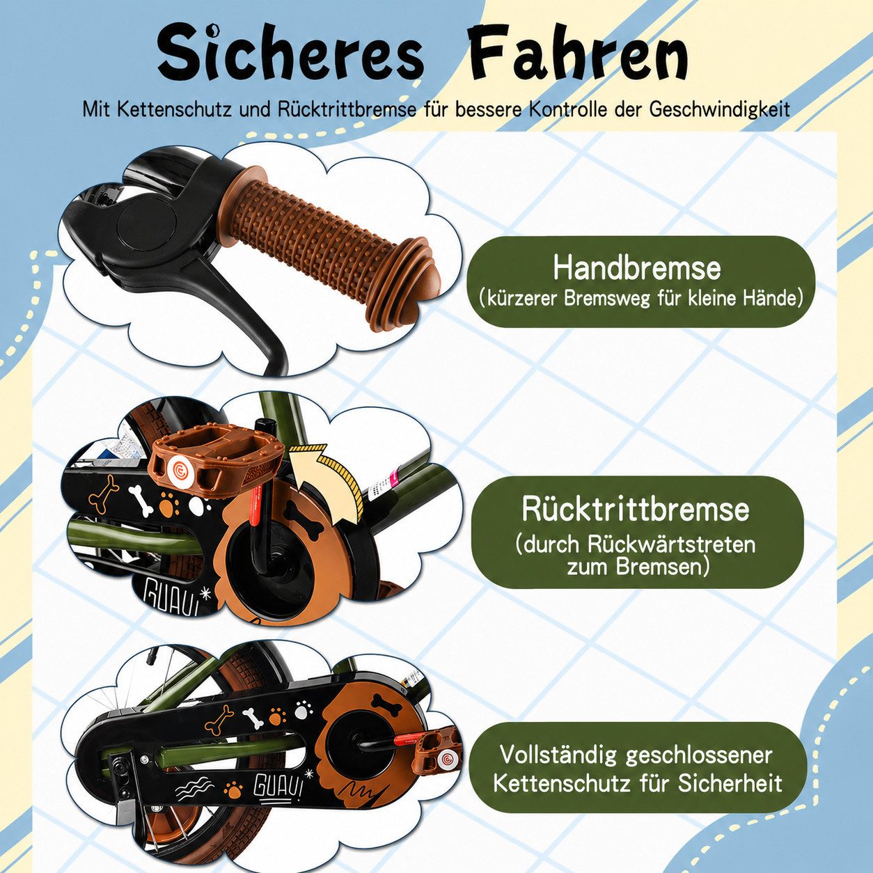 Vankel Kinderfahrrad 12-16 Zoll, für Jungen, Mit Stützrädern, Korb, Kettenschutz, 1 Gang, kindgerechtem Bremssystem