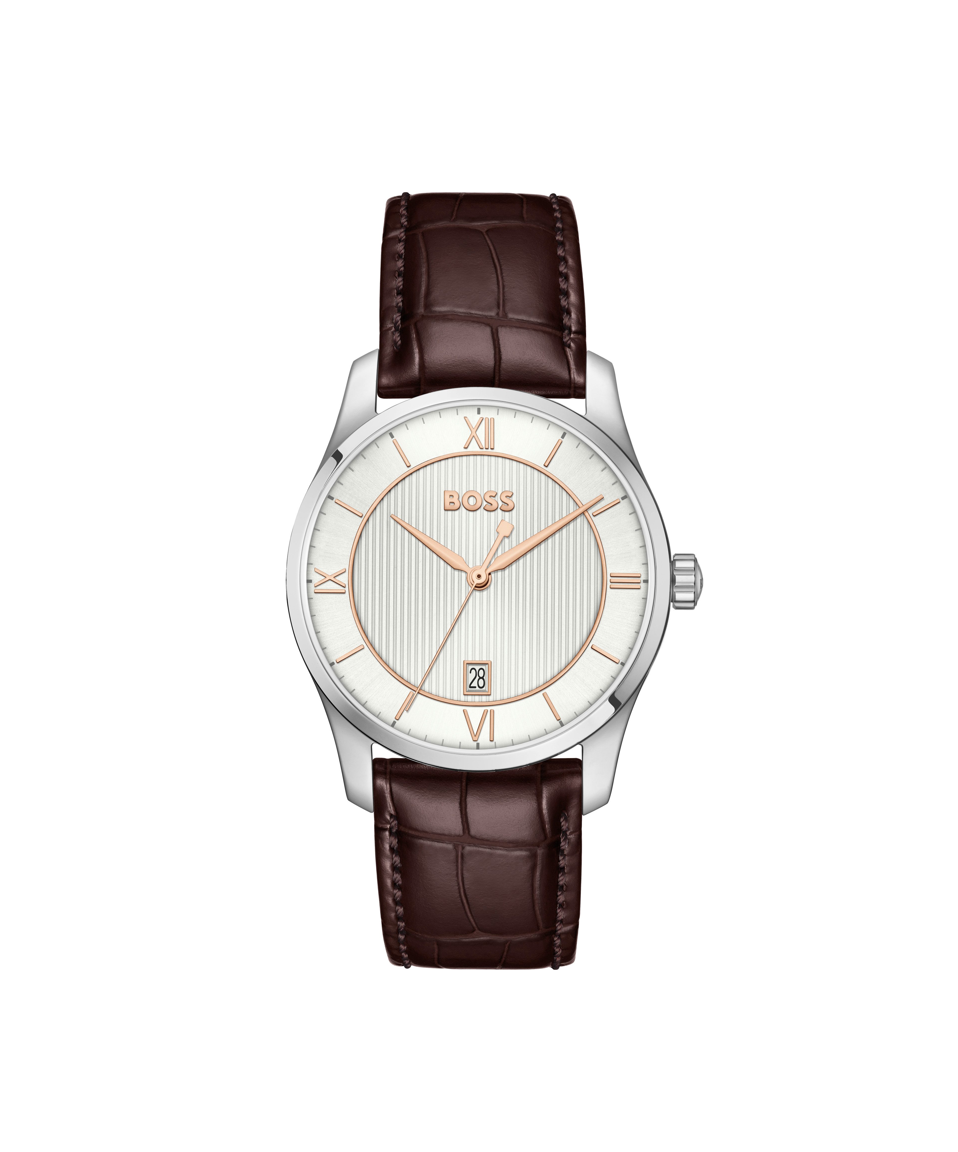 BOSS Quarzuhr PRINCIPLE 1514363, Armbanduhr, Damenuhr, Herrenuhr, Lederarmband, analog, Tag