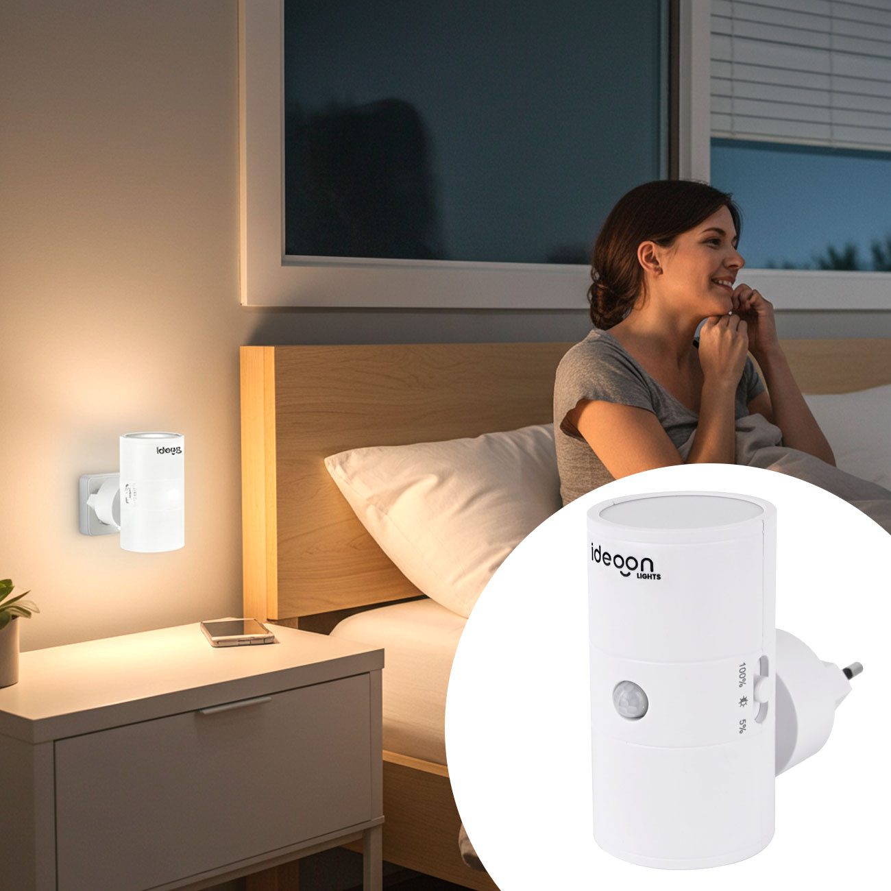shop'n smile ideoon LED Steckdosenleuchte Steckdosen-Nachtlicht dimmbar mit PIR- & Dämmerungssensor, LED, mit Bewegungsmelder, 10 LEDs