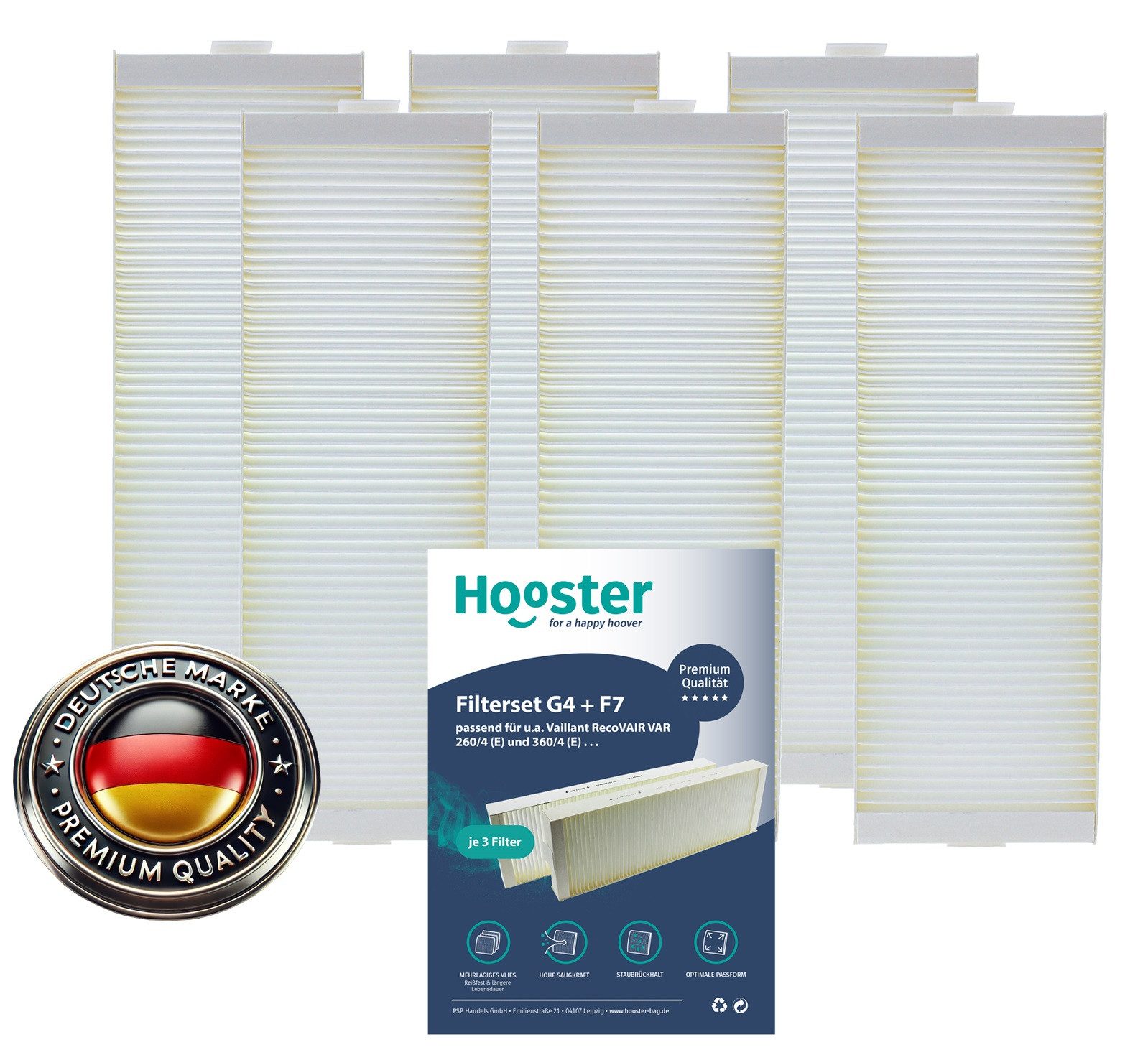 Hooster Luftfilter 3er-SET für Vaillant RecoVAIR VAR 260/4 (E) und 360/4 (E), 3 Filtersets = G4 (3 Stück) + F7 (3 Stück)